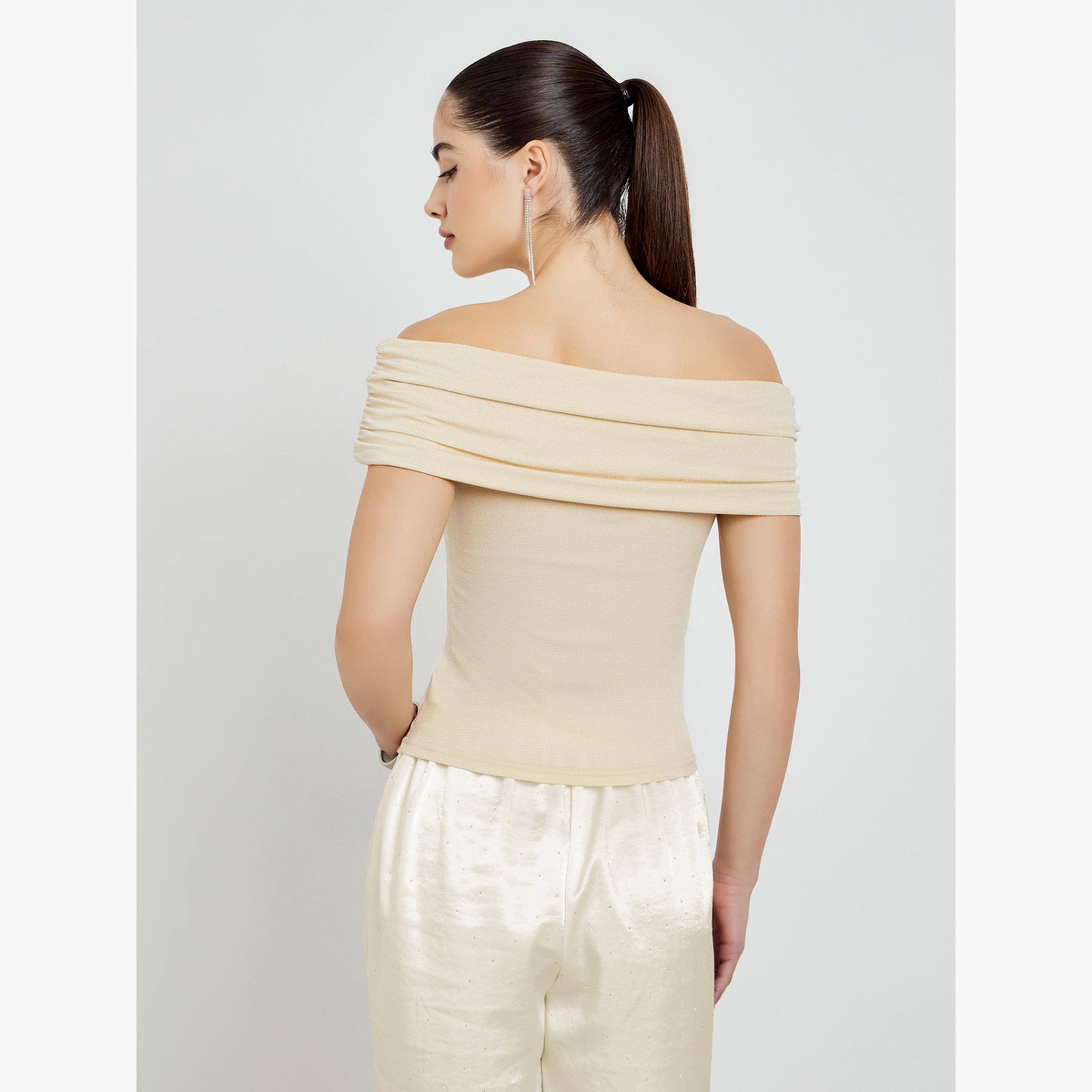 Styli Off-White Ruched Off-Shoulder Knit Top-women-clothing-shirtsandblouses-blouses-image-5
