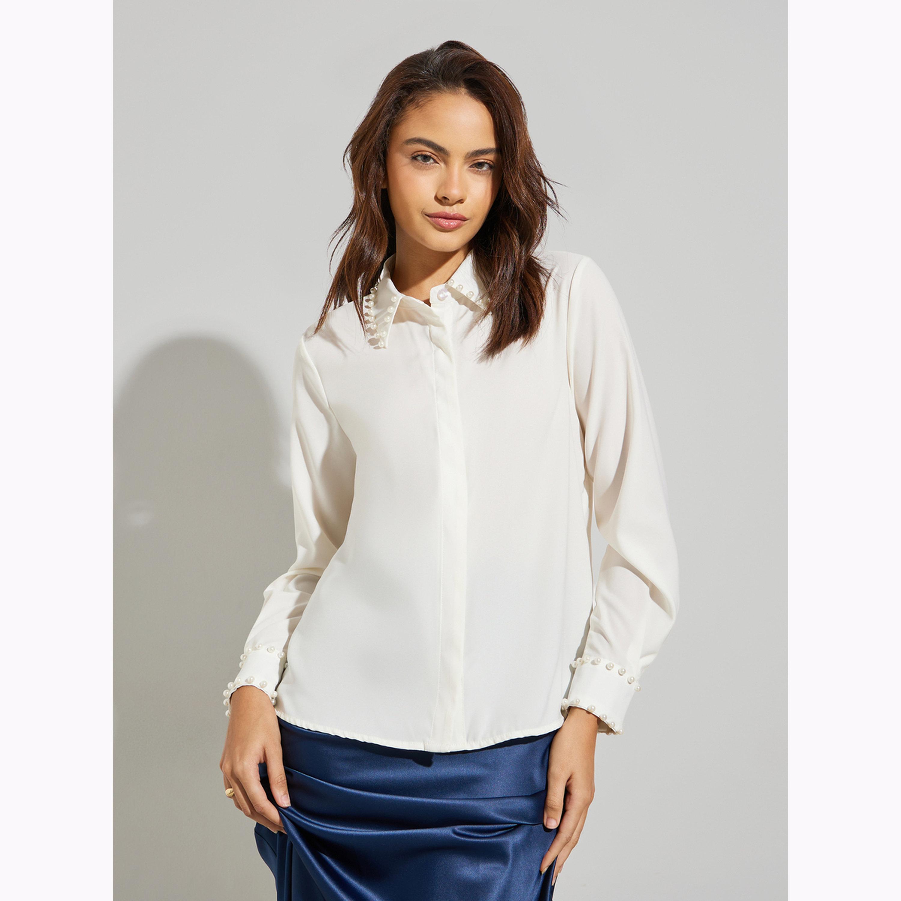 Styli Off White Faux Pearl Trim Shirt-women-clothing-shirtsandblouses-shirts-image-1
