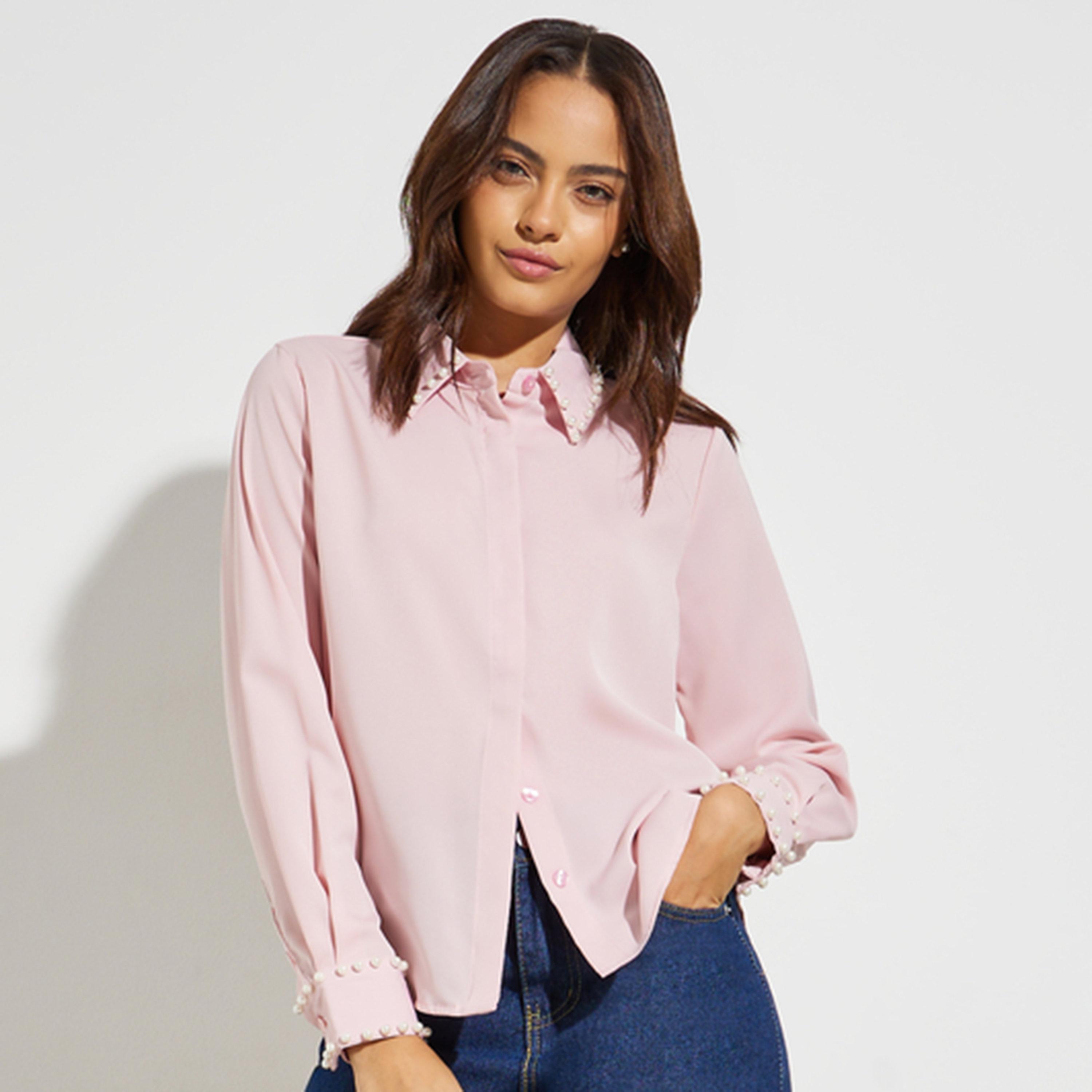 Styli Pink Faux Pearl Trim Shirt-women-clothing-shirtsandblouses-shirts-image-1