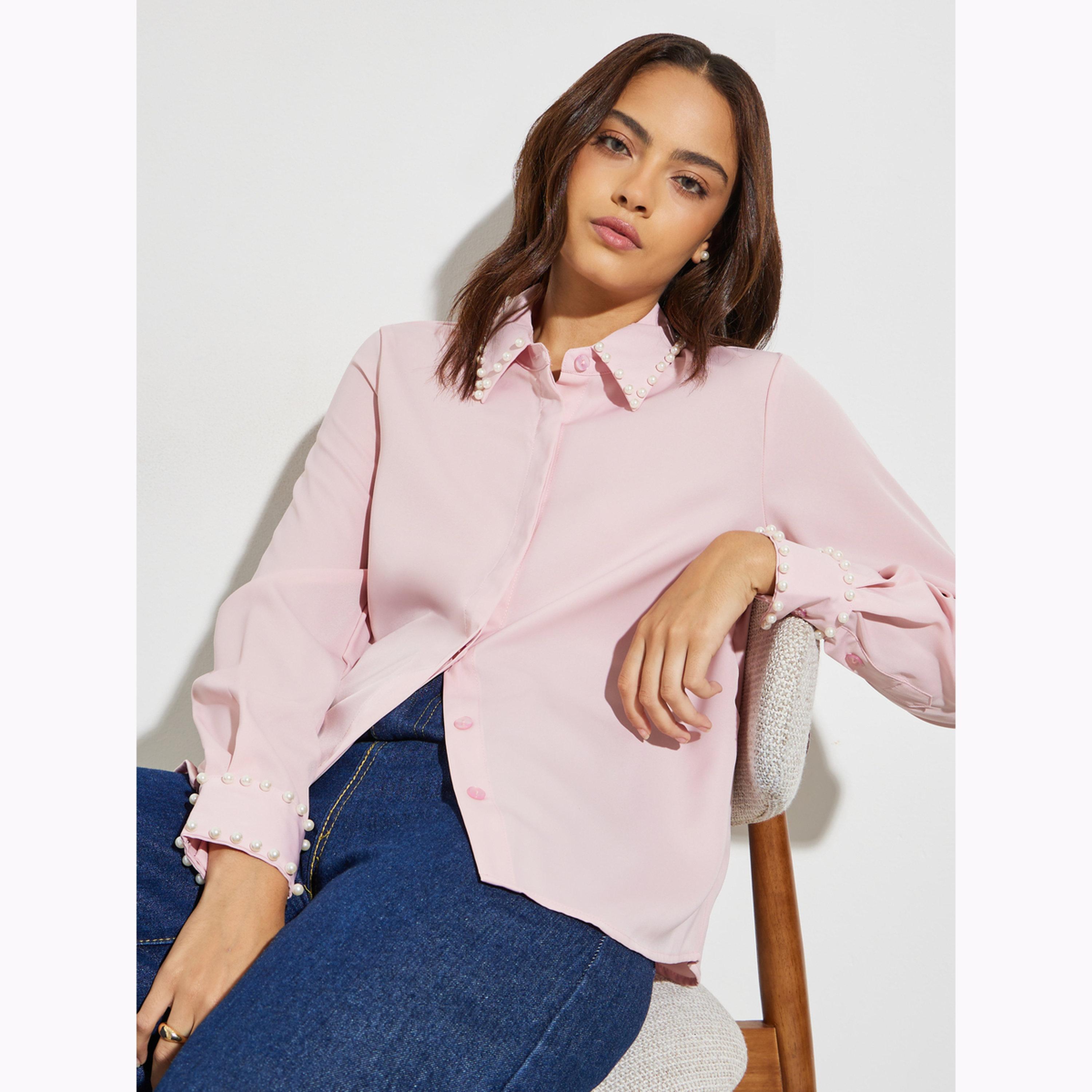 Styli Pink Faux Pearl Trim Shirt-women-clothing-shirtsandblouses-shirts-image-3