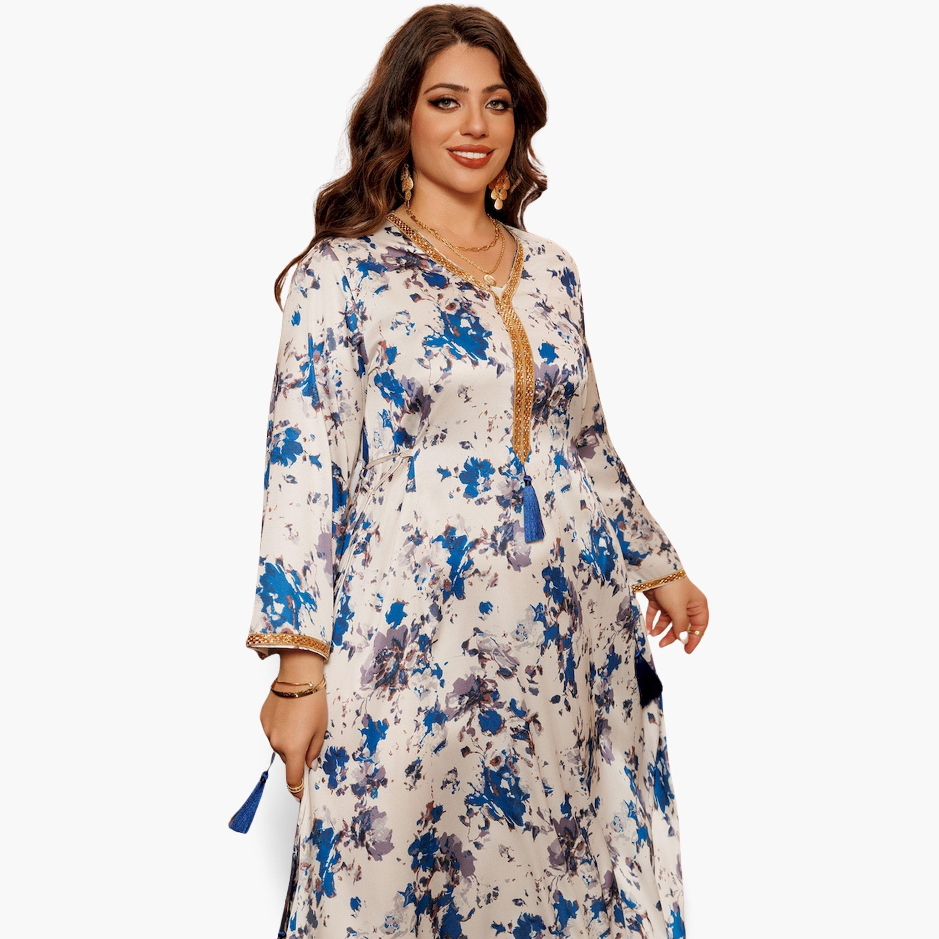 Take Two Women Blue Floral Print A-Line Jalabiya-women-arabicclothing-jalabiyas-image-2