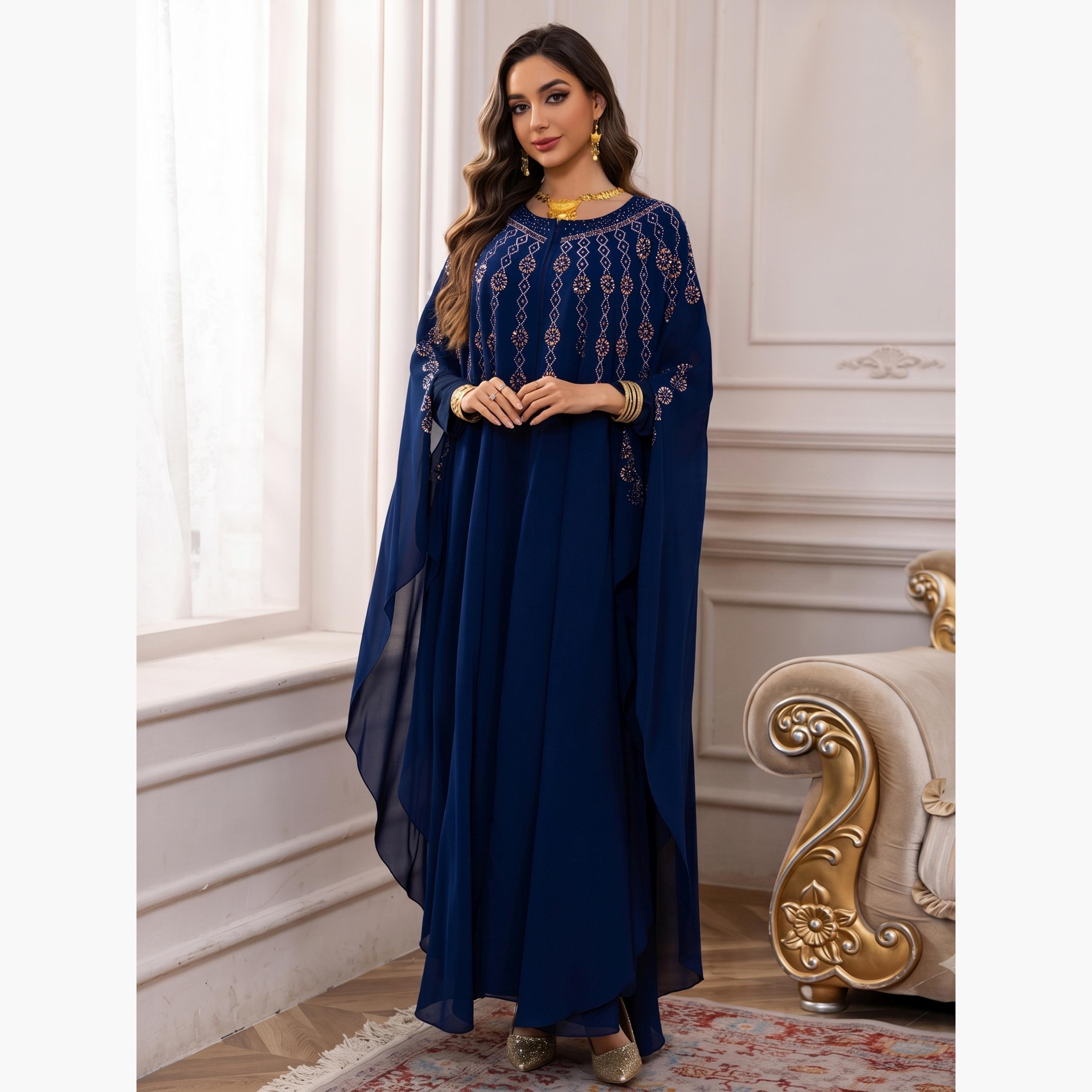 تيك تو - طقم عباءة وفستان محتشم باللون الأزرق الداكن مزين بتطريزات على شكل عباءة-women-arabicclothing-sets-image-2