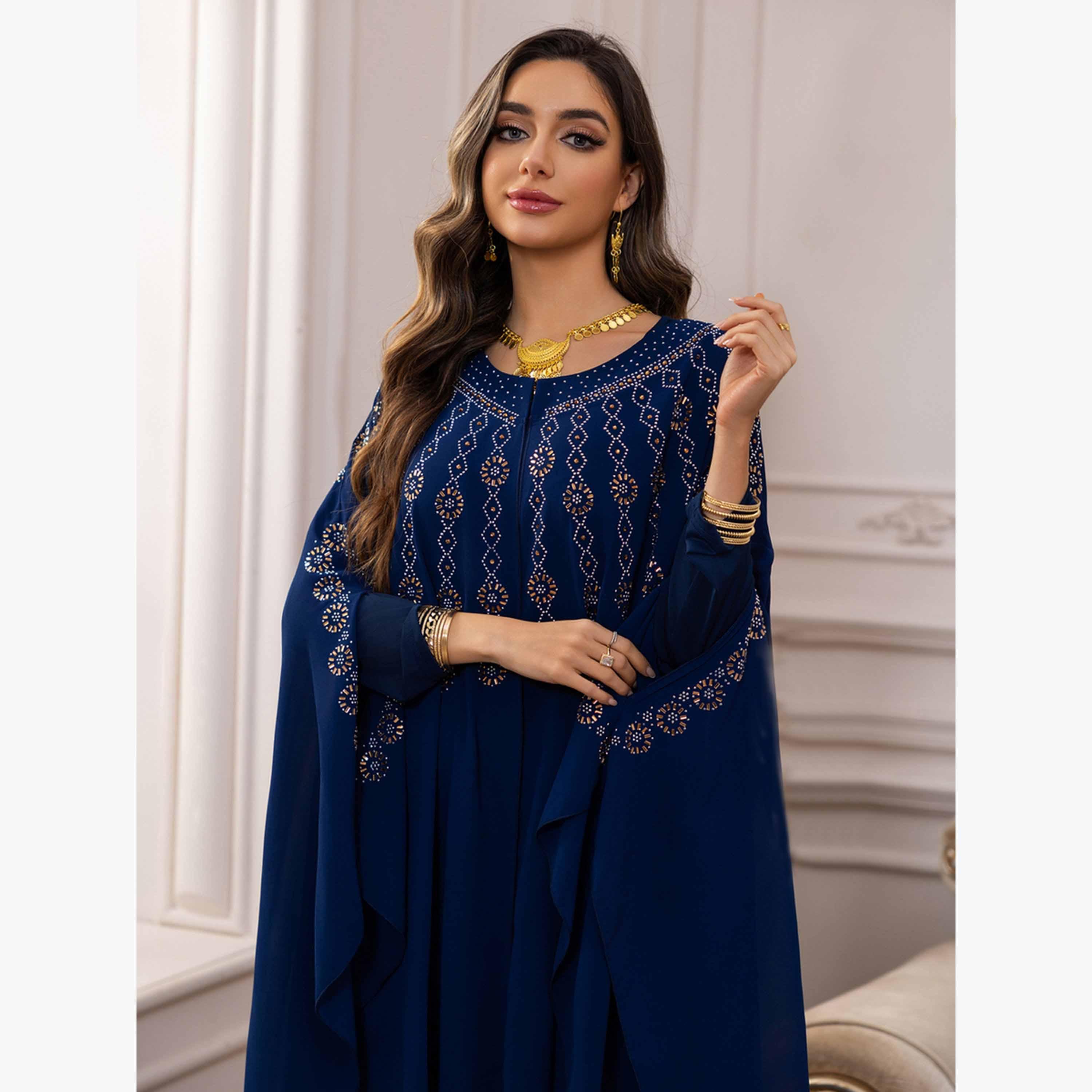 تيك تو - طقم عباءة وفستان محتشم باللون الأزرق الداكن مزين بتطريزات على شكل عباءة-women-arabicclothing-sets-image-4