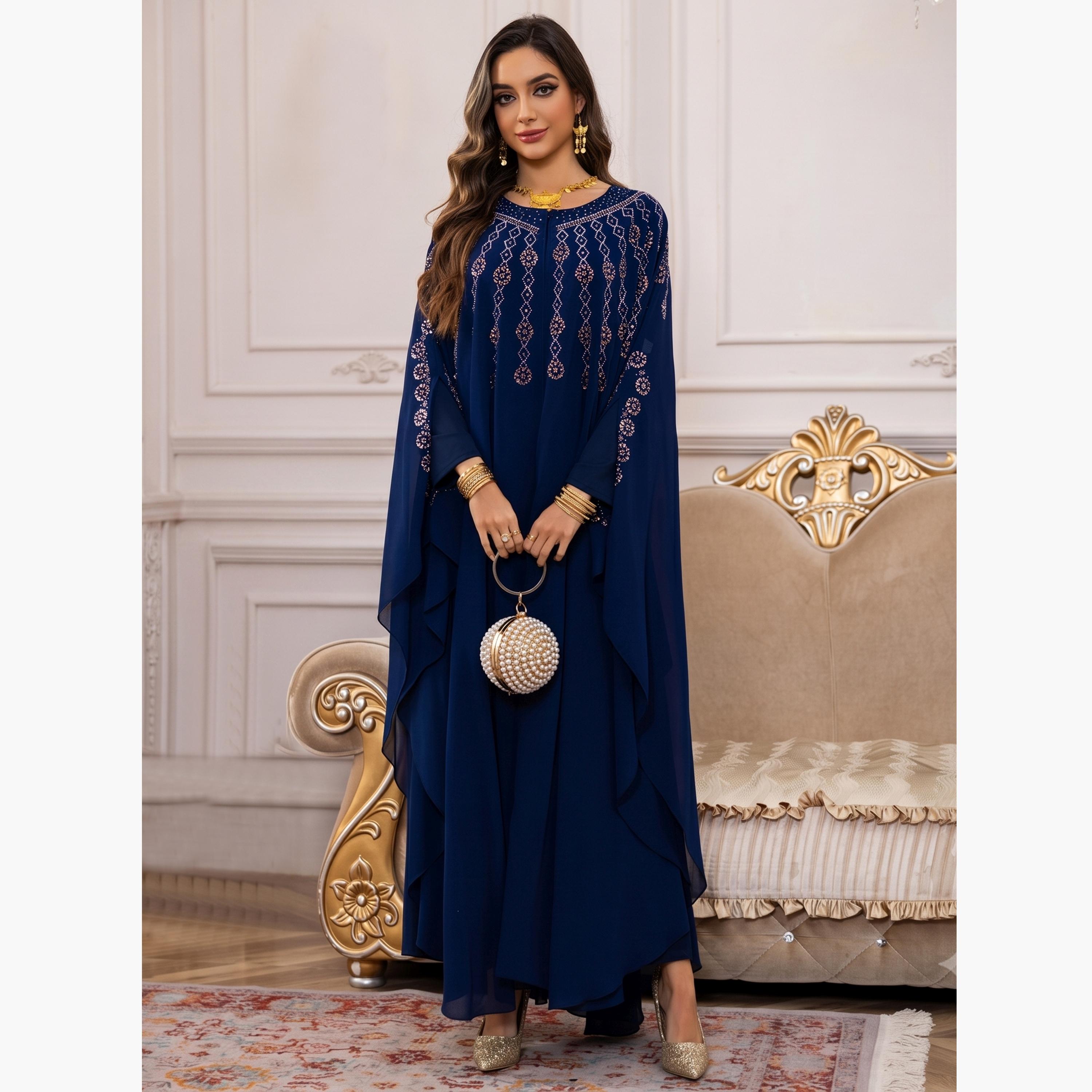 تيك تو - طقم عباءة وفستان محتشم باللون الأزرق الداكن مزين بتطريزات على شكل عباءة-women-arabicclothing-sets-image-5
