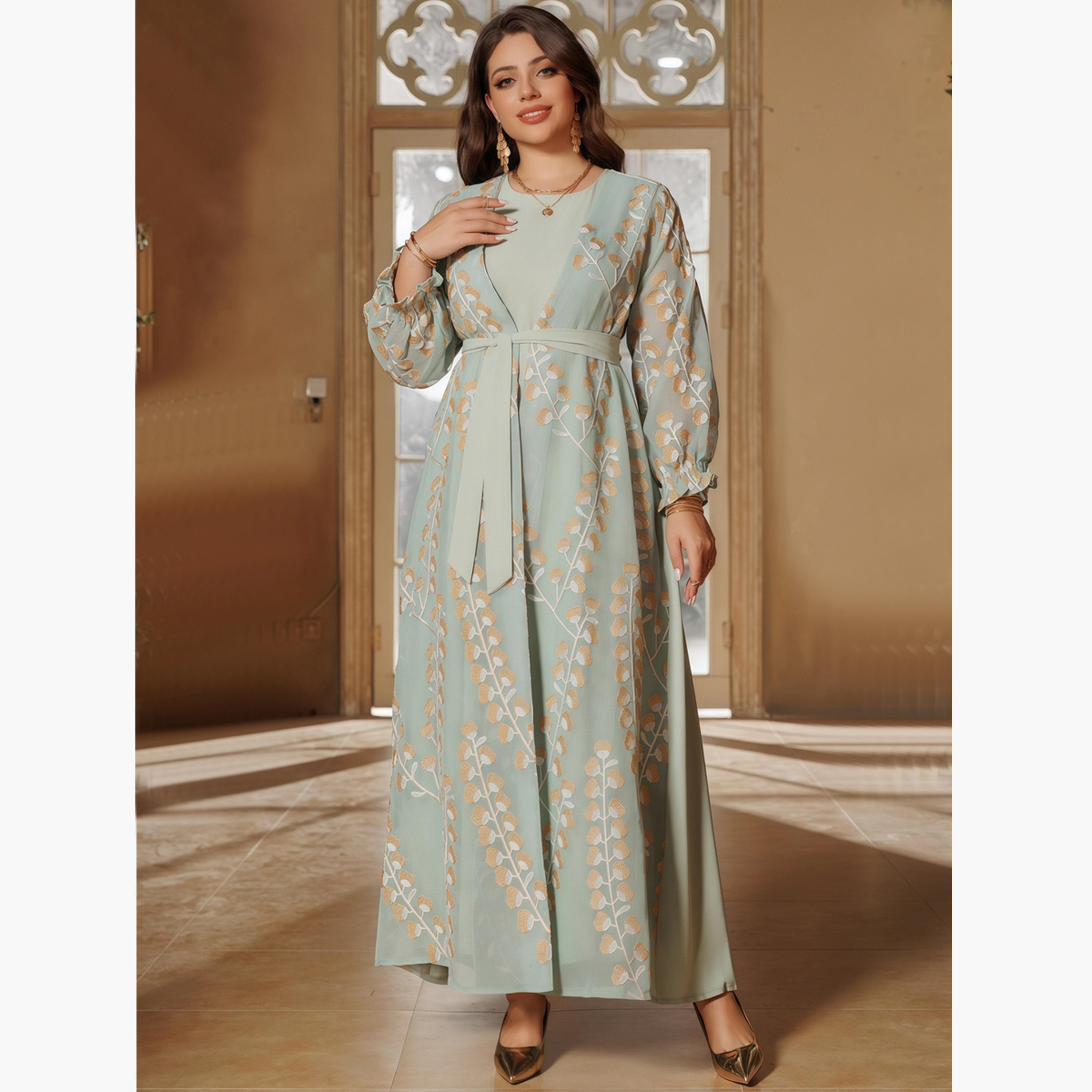 Take Two Green Printed Abaya with Inner Maxi Dress-women-arabicclothing-sets-image-1