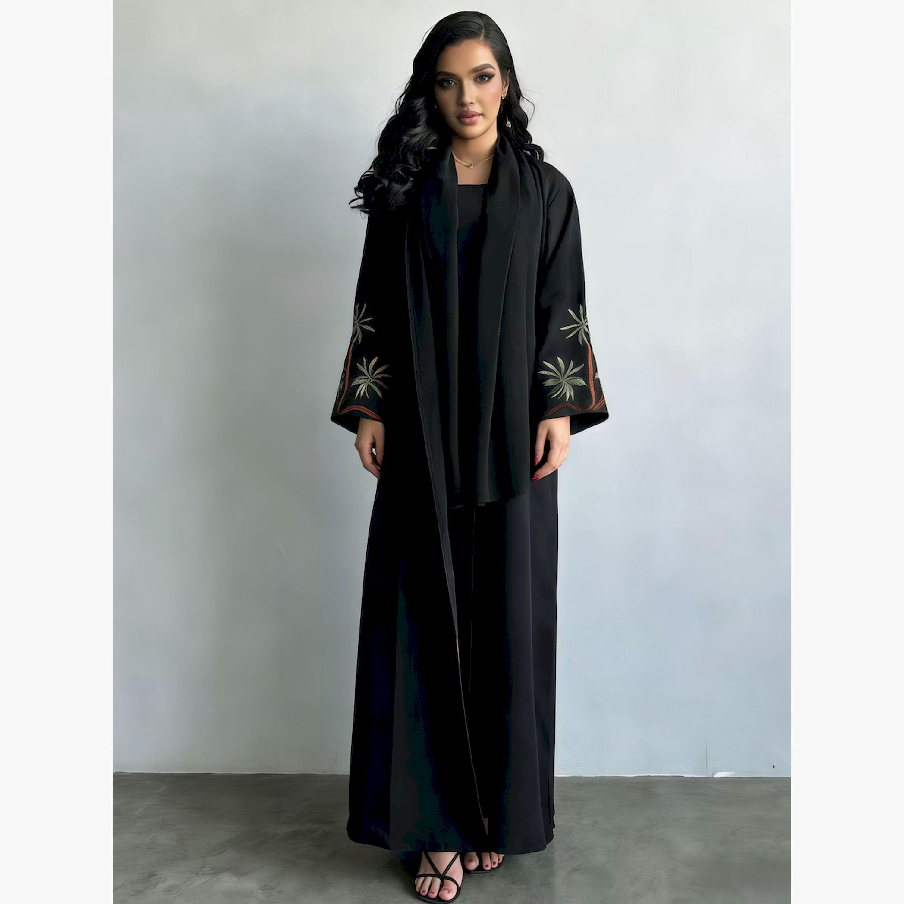 Take Two Women Black Embroidered Open Front Abaya-women-arabicclothing-abayas-image-1