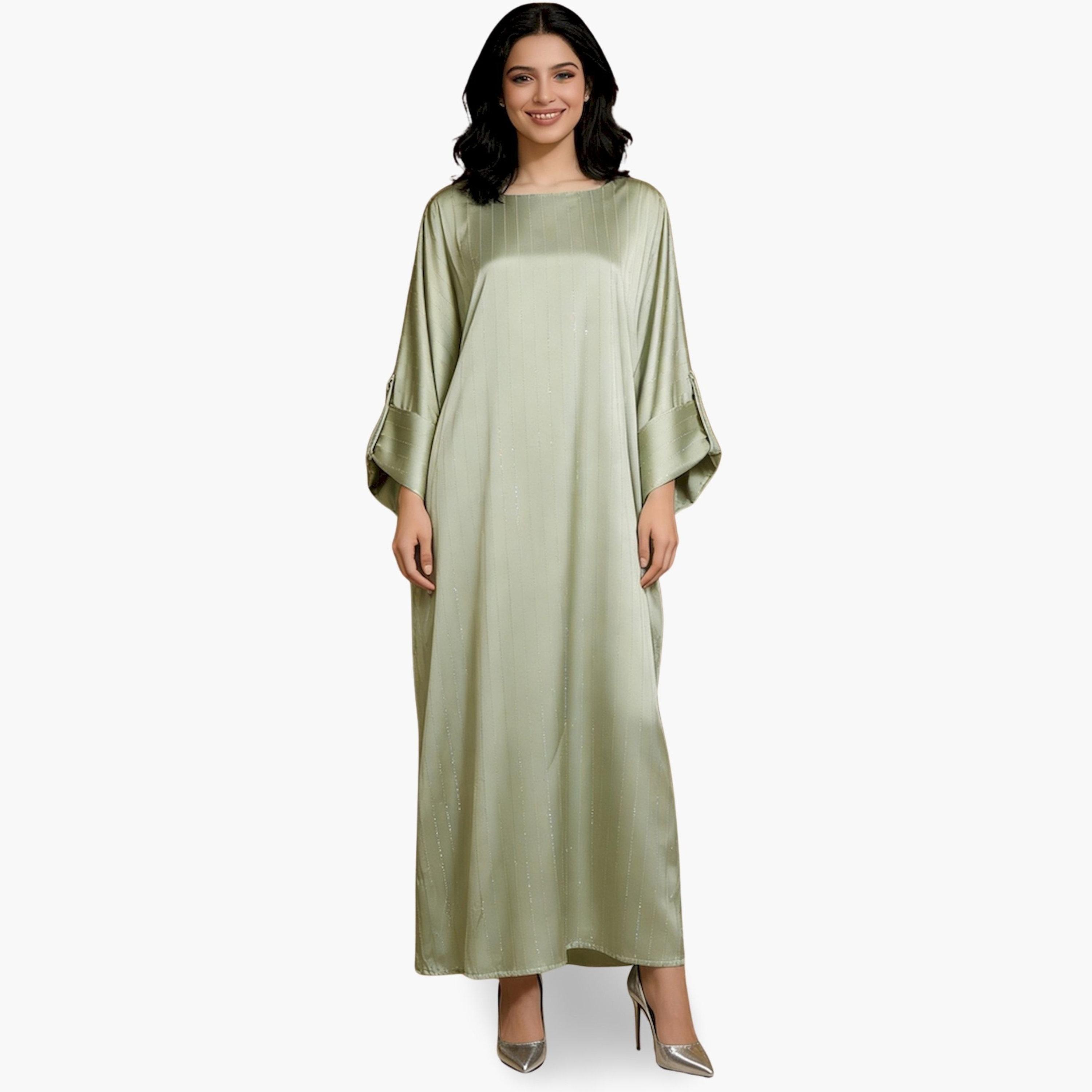 Take Two Women Green Striped Satin Kaftan-women-arabicclothing-kaftan-image-1