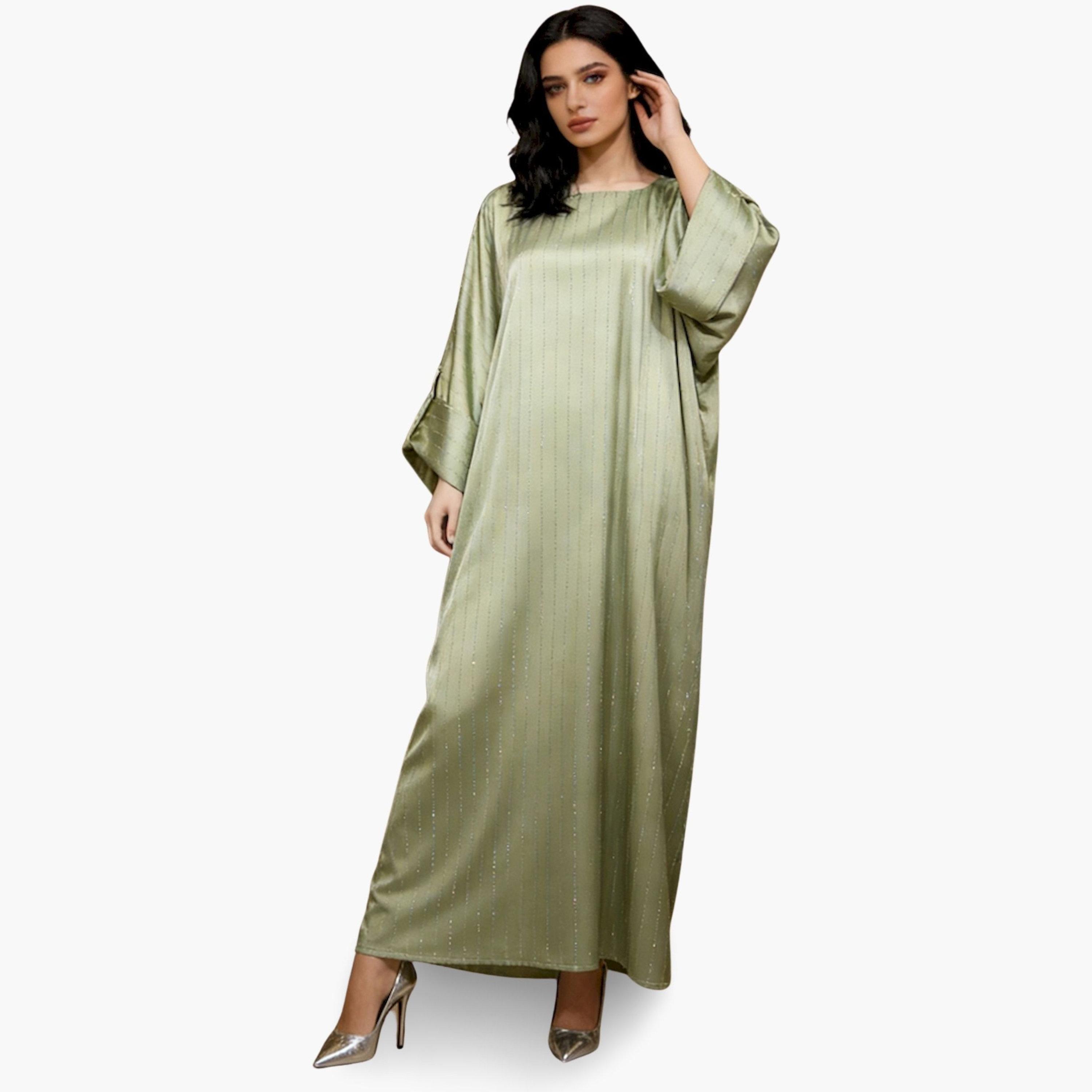 Take Two Women Green Striped Satin Kaftan-women-arabicclothing-kaftan-image-2