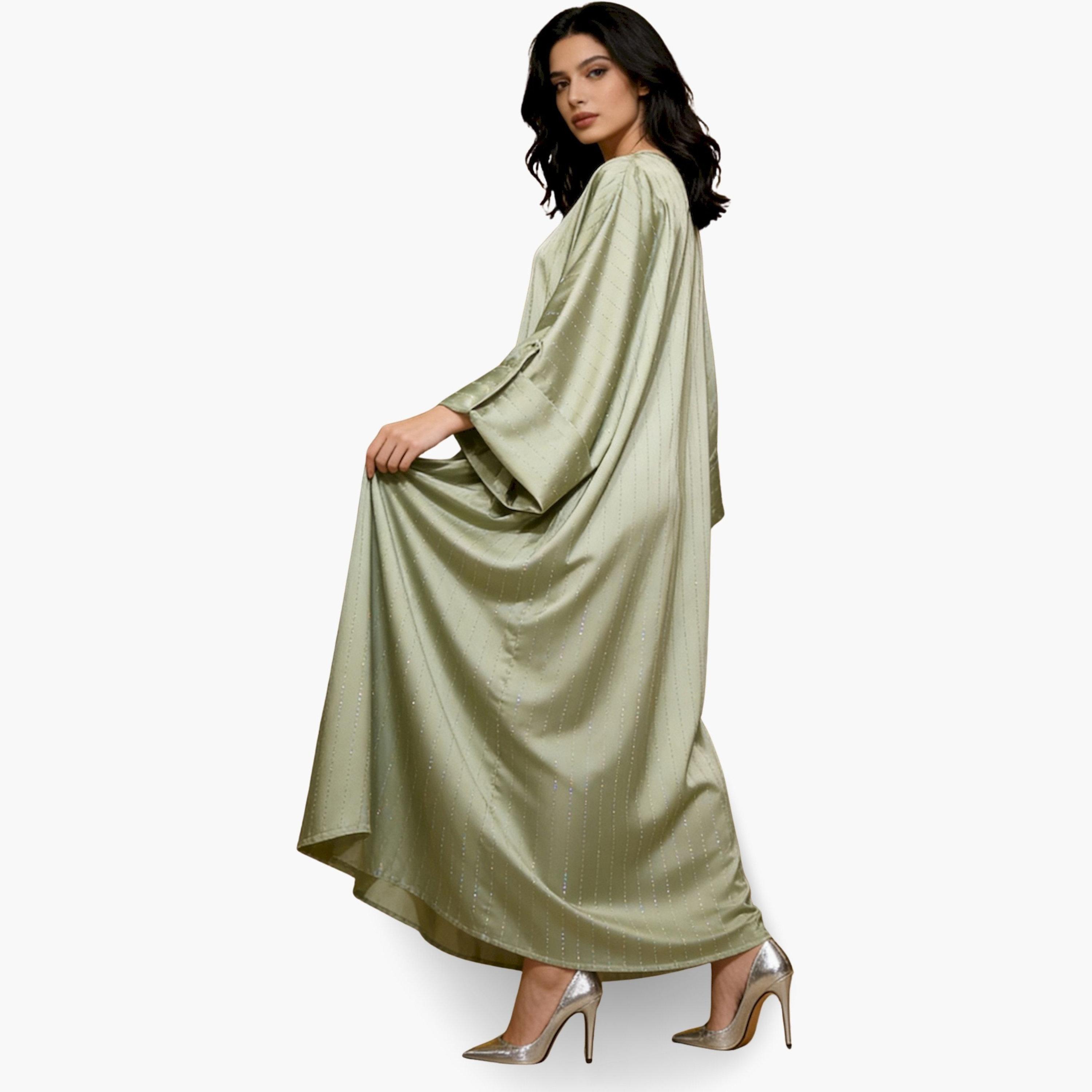 Take Two Women Green Striped Satin Kaftan-women-arabicclothing-kaftan-image-3