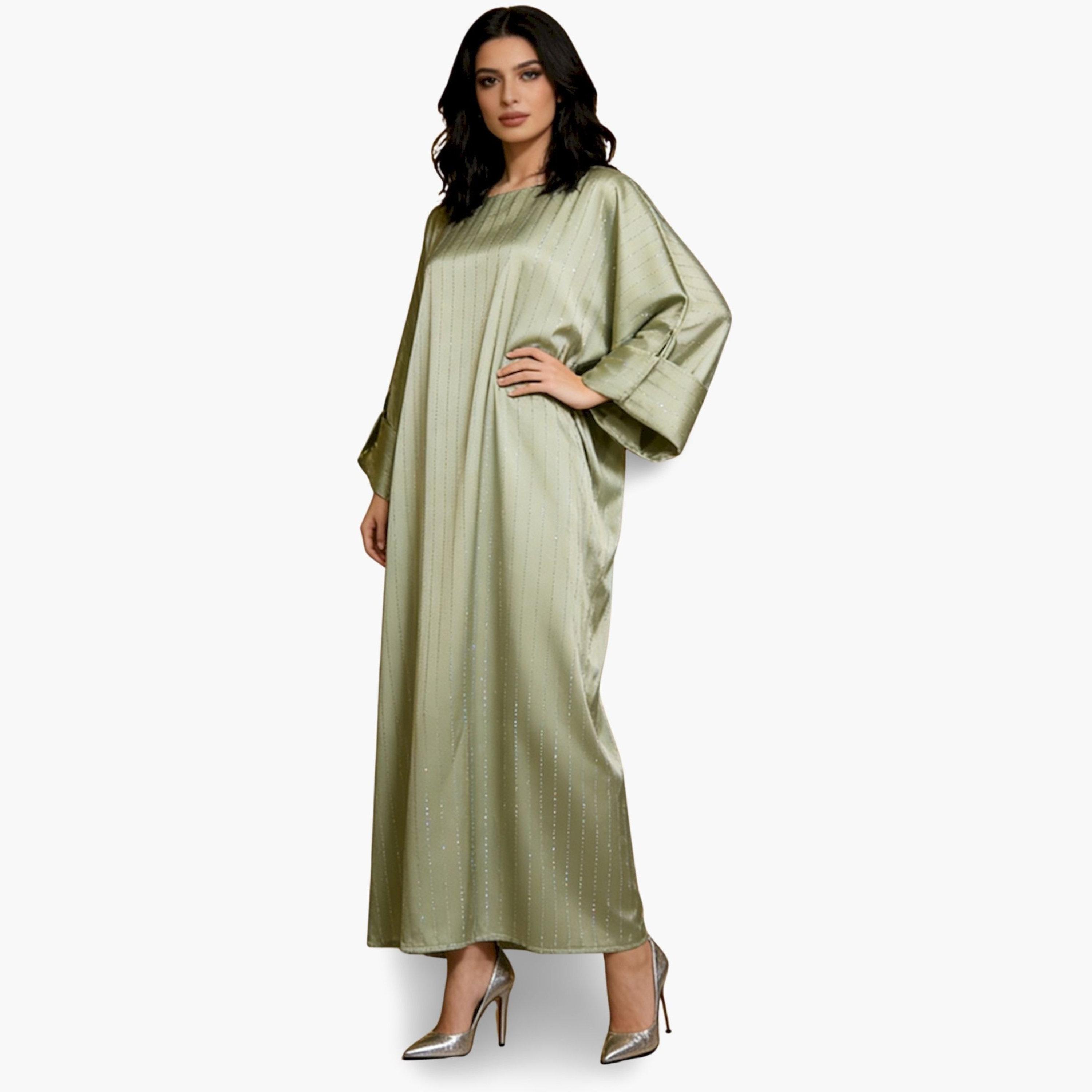 Take Two Women Green Striped Satin Kaftan-women-arabicclothing-kaftan-image-5