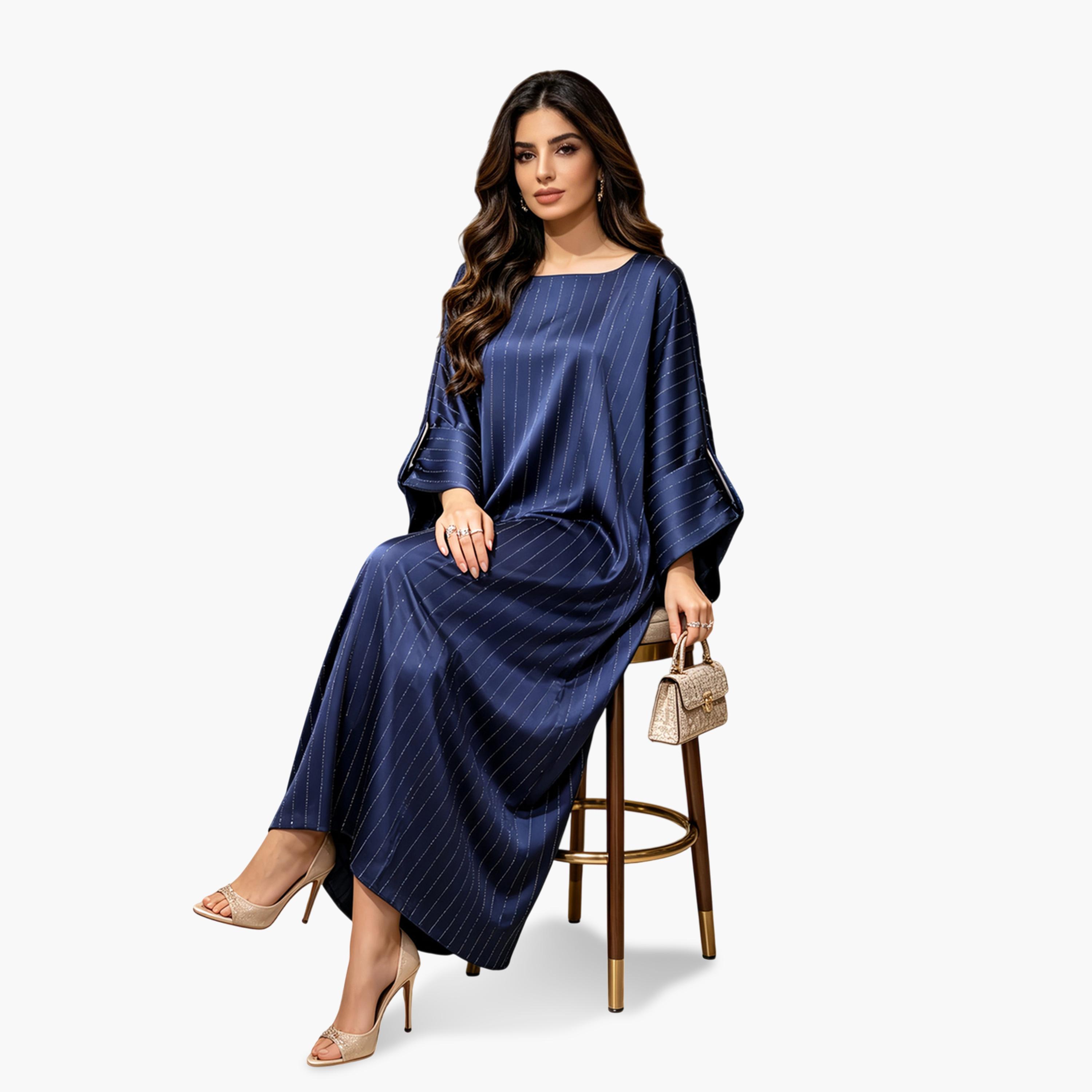 فستان طويل بتصميم قفطان منمق-women-arabicclothing-kaftan-image-4