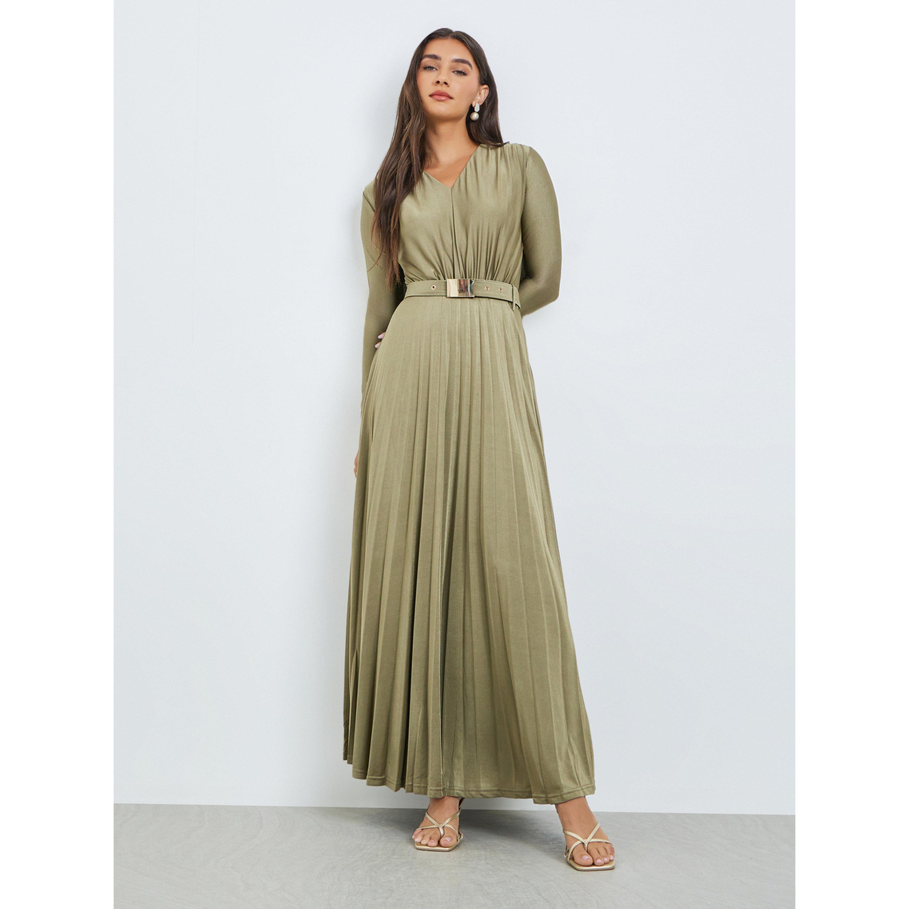 Styli Olive Satin Pleated A-Line Maxi Dress-women-clothing-dresses-image-1