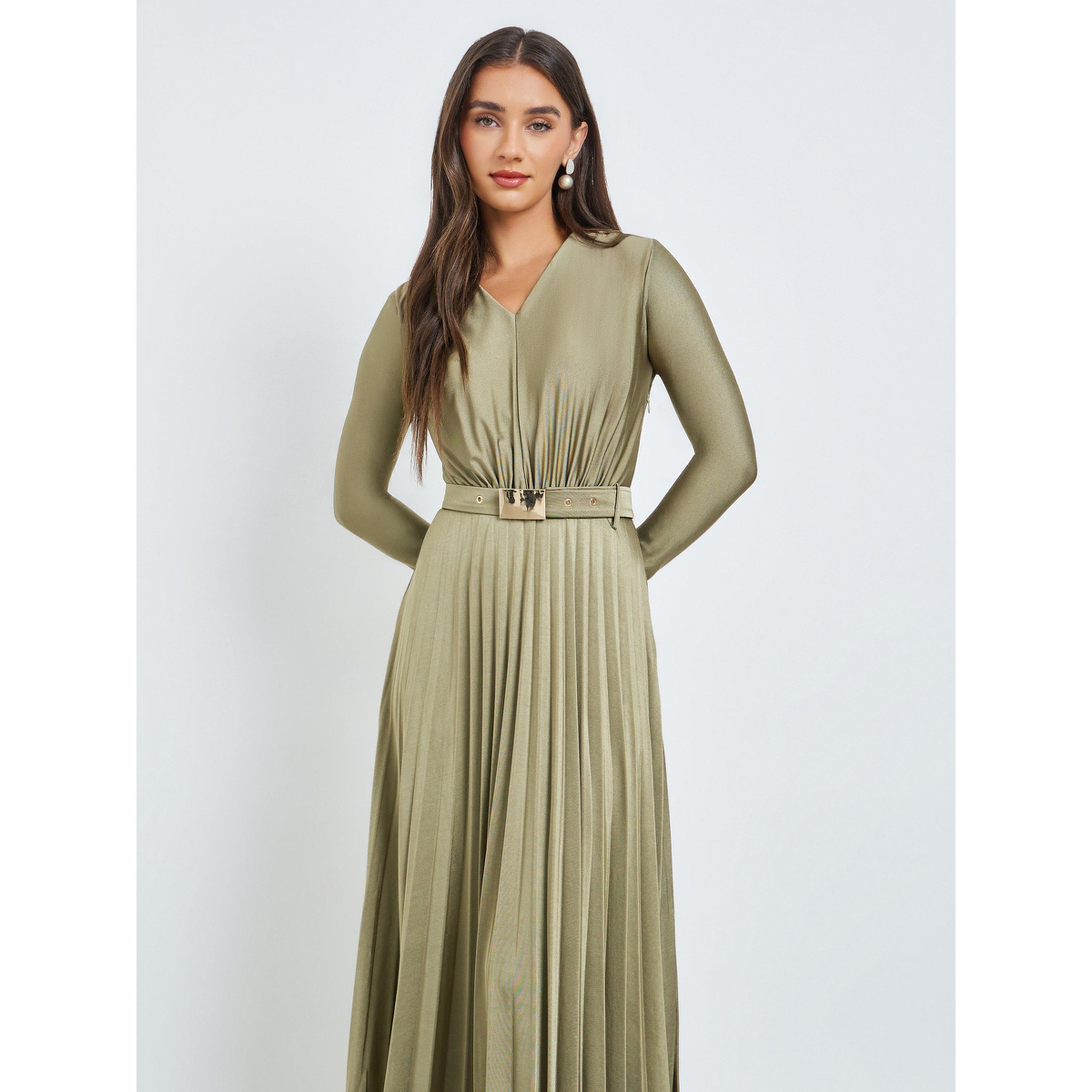 Styli Olive Satin Pleated A-Line Maxi Dress-women-clothing-dresses-image-2