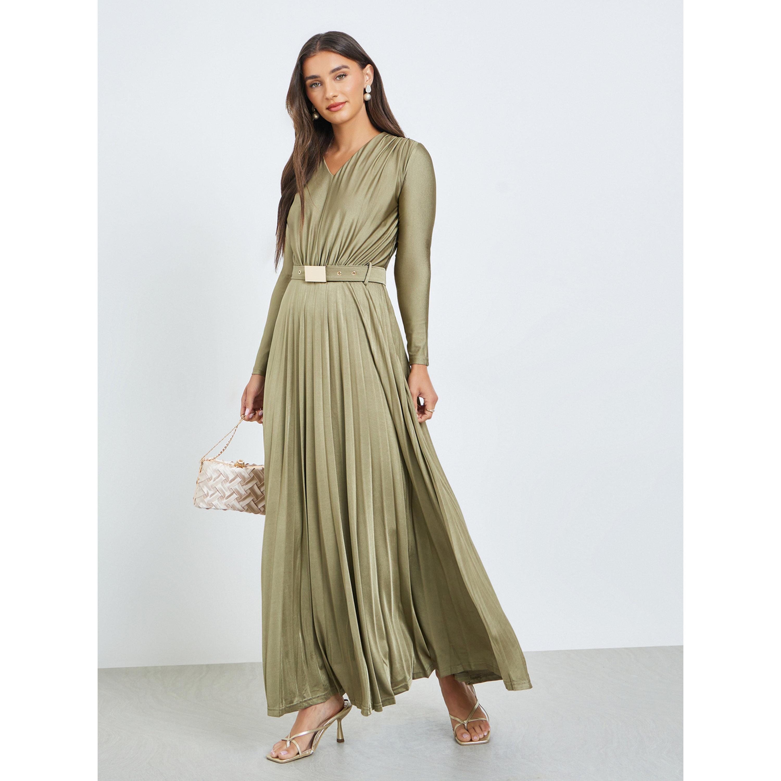 Styli Olive Satin Pleated A-Line Maxi Dress-women-clothing-dresses-image-3
