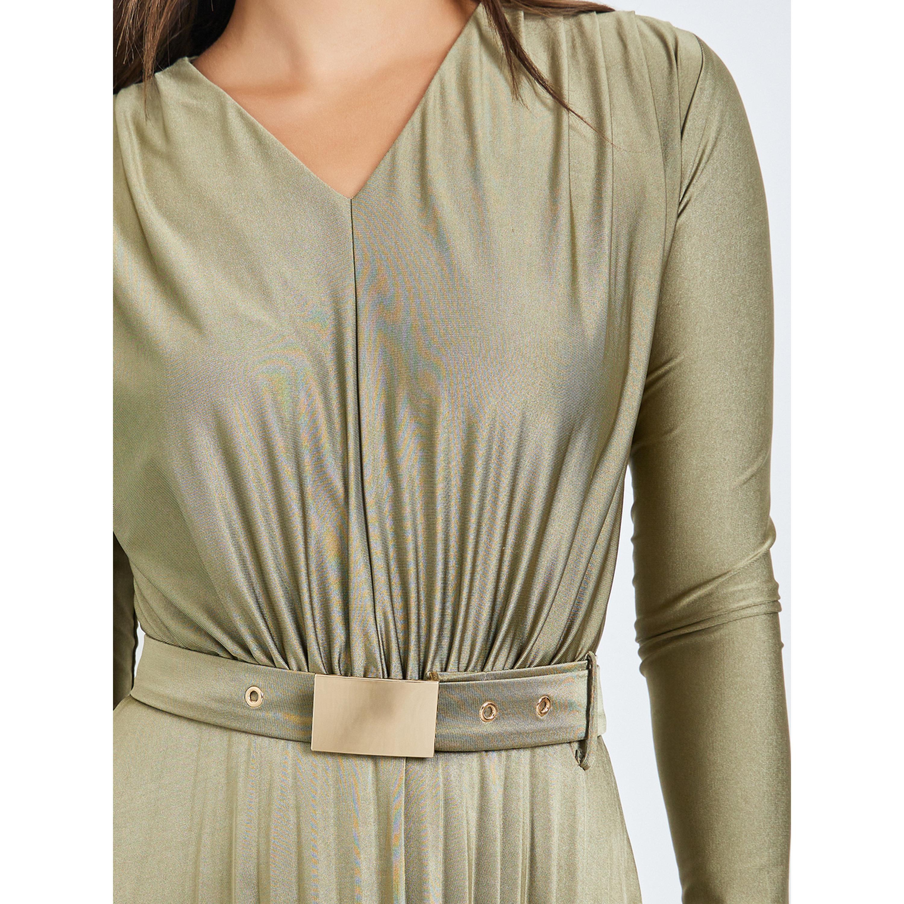 Styli Olive Satin Pleated A-Line Maxi Dress-women-clothing-dresses-image-5