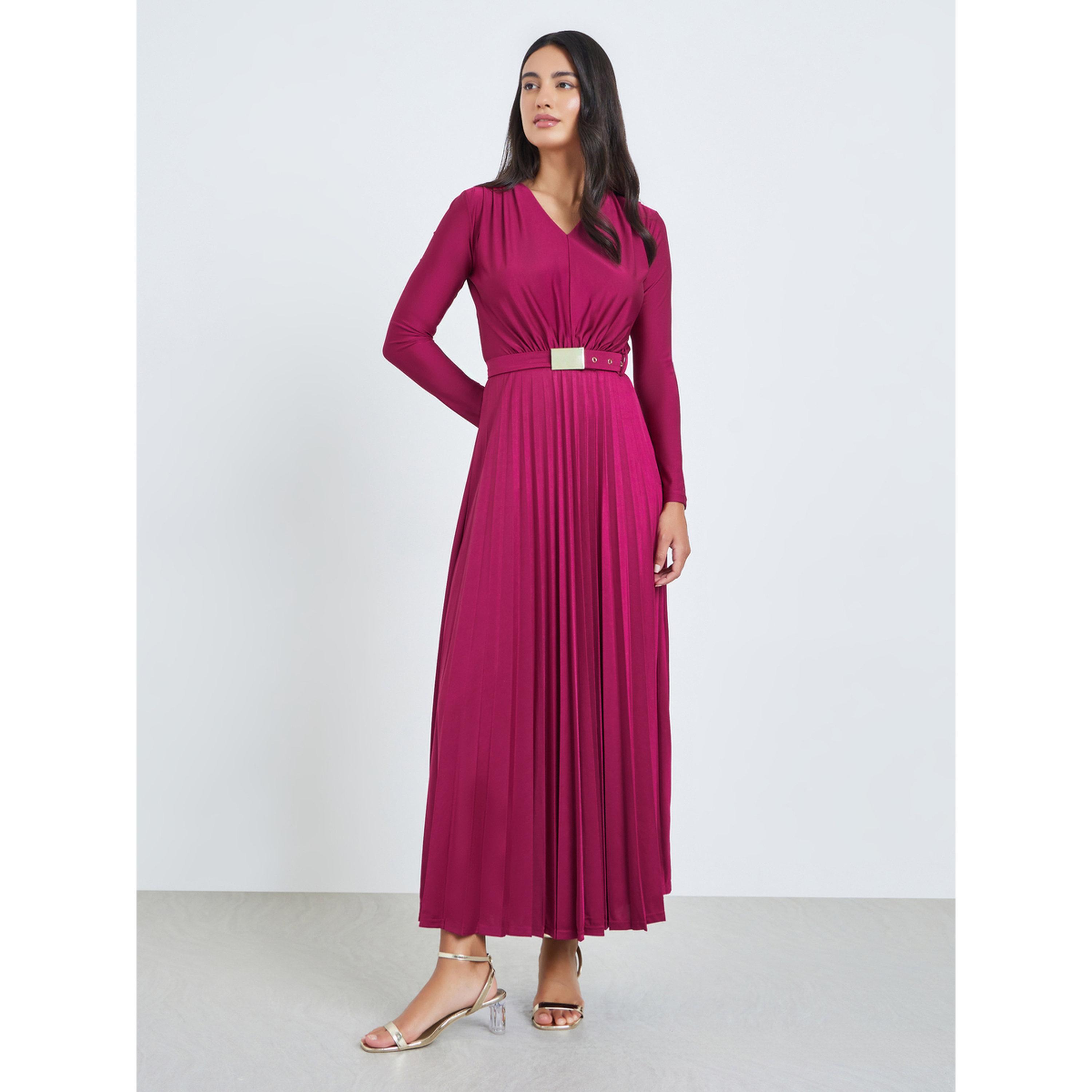 Styli Magenta Satin Pleated A-Line Maxi Dress-women-clothing-dresses-image-1