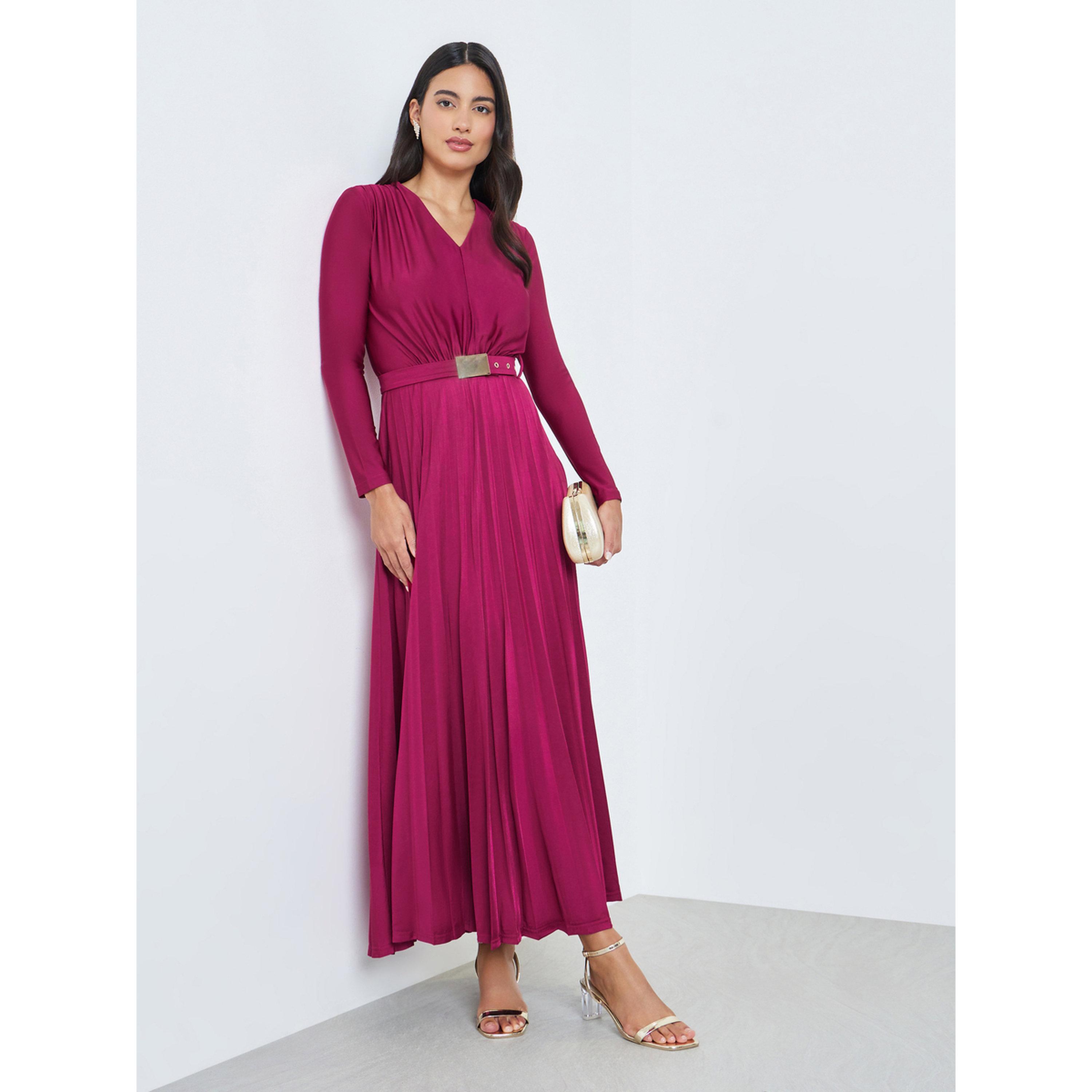 Styli Magenta Satin Pleated A-Line Maxi Dress-women-clothing-dresses-image-3