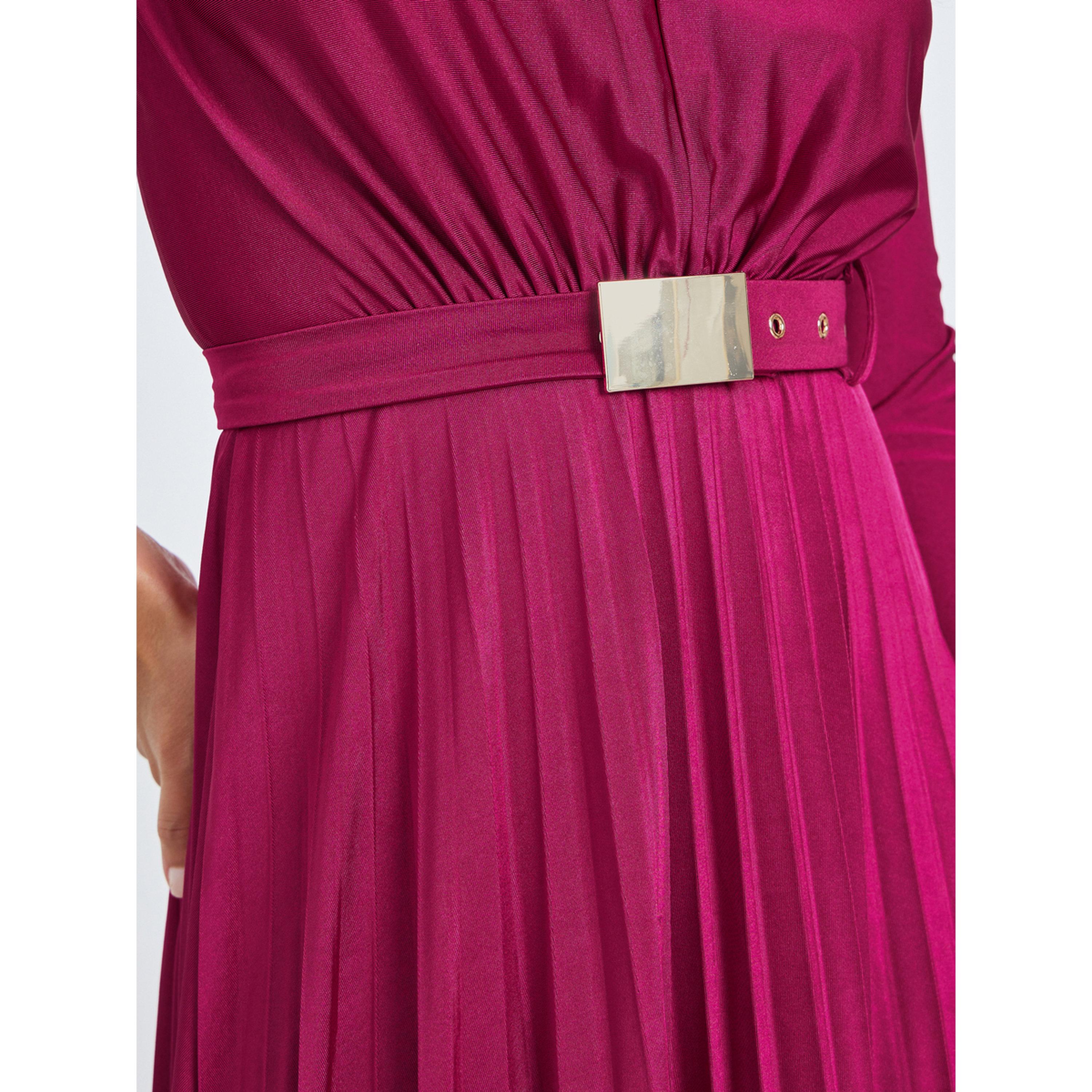 Styli Magenta Satin Pleated A-Line Maxi Dress-women-clothing-dresses-image-5