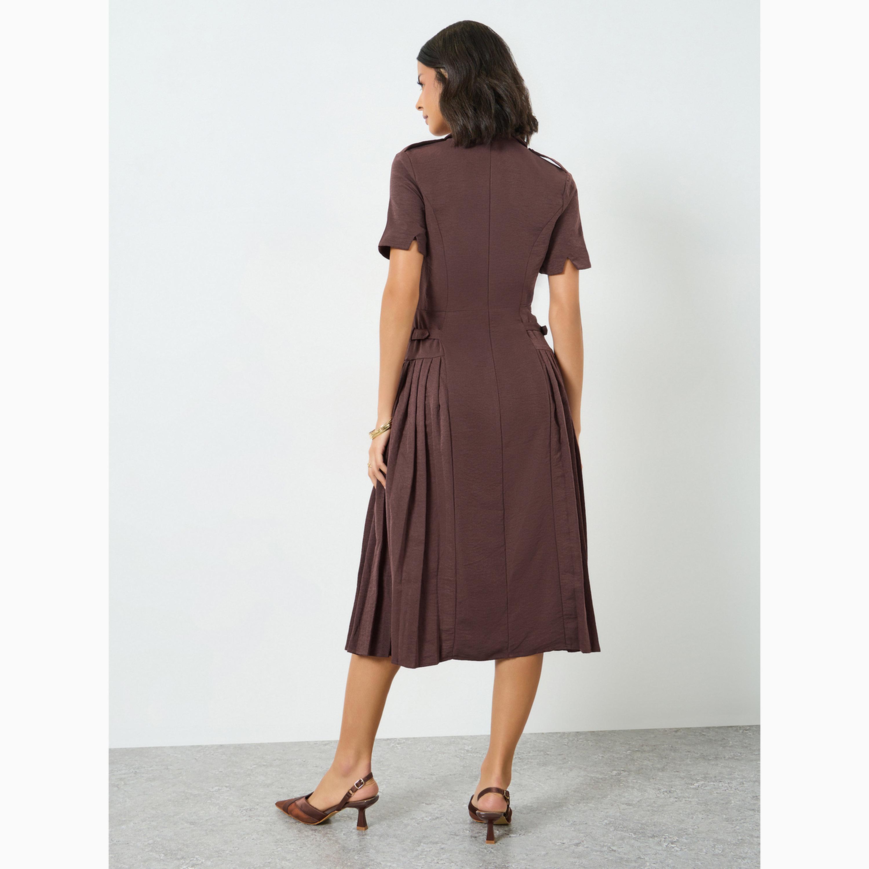 Styli Brown Buckle Detail Fold Pleat Midi Dress-women-clothing-dresses-image-5