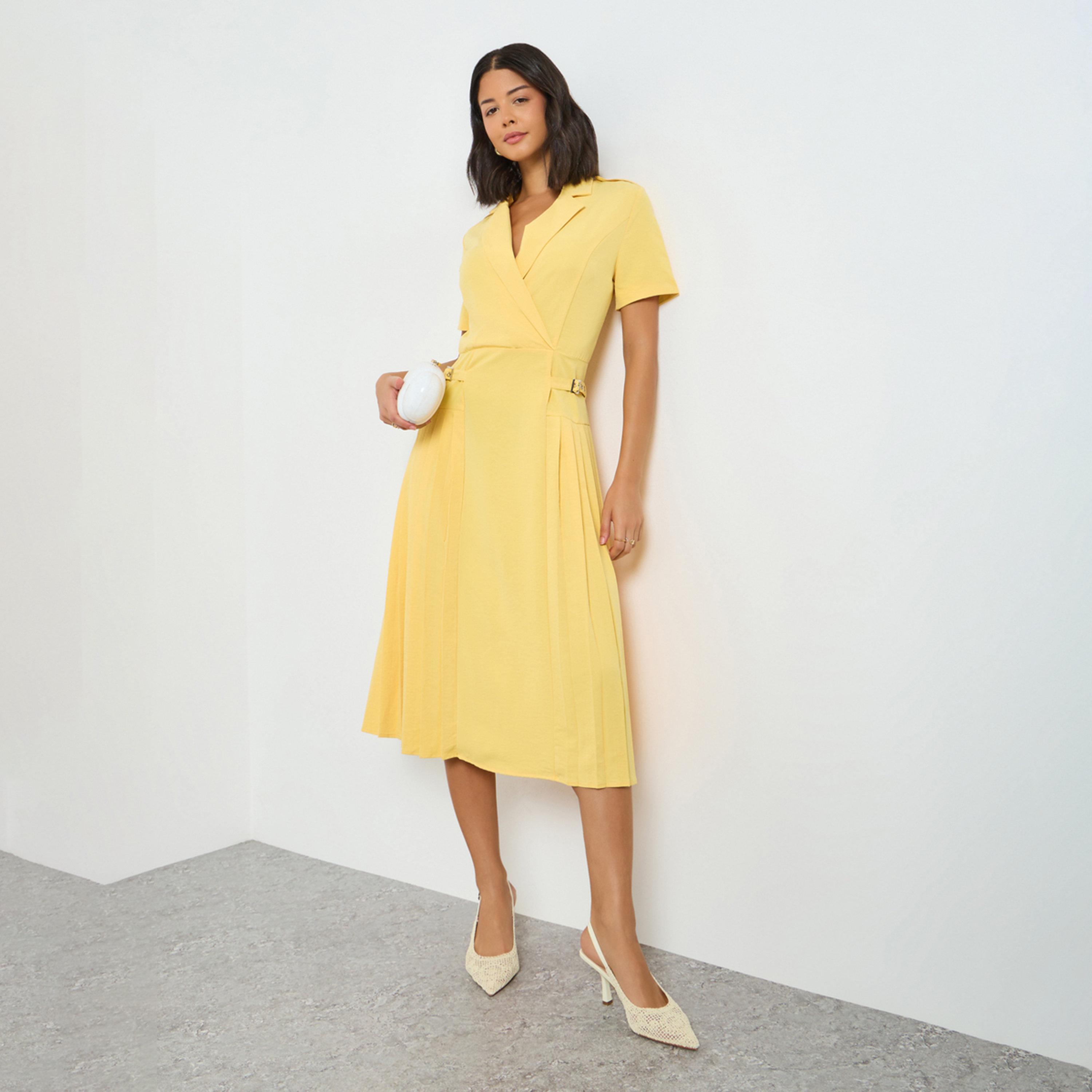 Styli Yellow Buckle Detail Fold Pleat Midi Dress-women-clothing-dresses-image-1