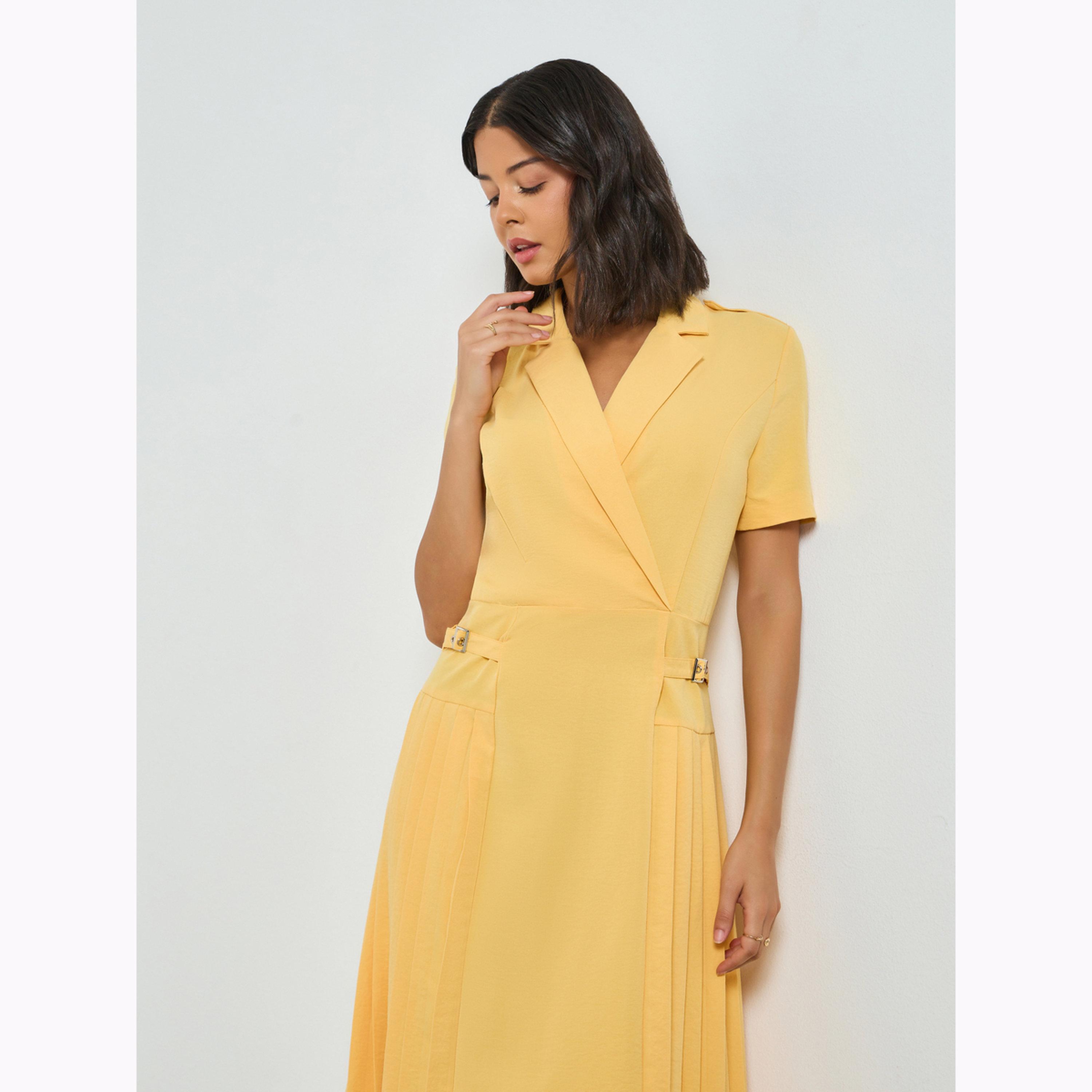 Styli Yellow Buckle Detail Fold Pleat Midi Dress-women-clothing-dresses-image-2