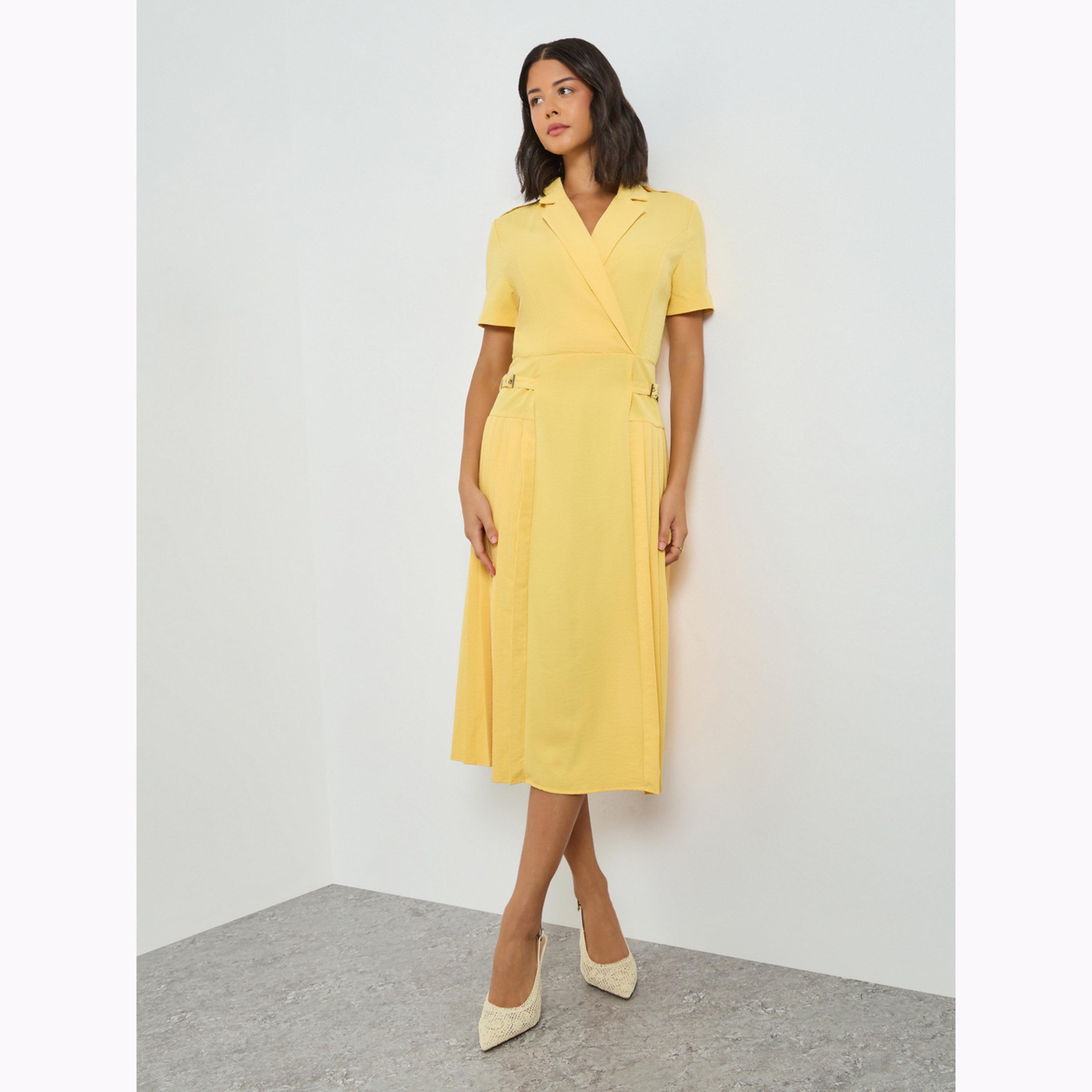 Styli Yellow Buckle Detail Fold Pleat Midi Dress-women-clothing-dresses-image-3