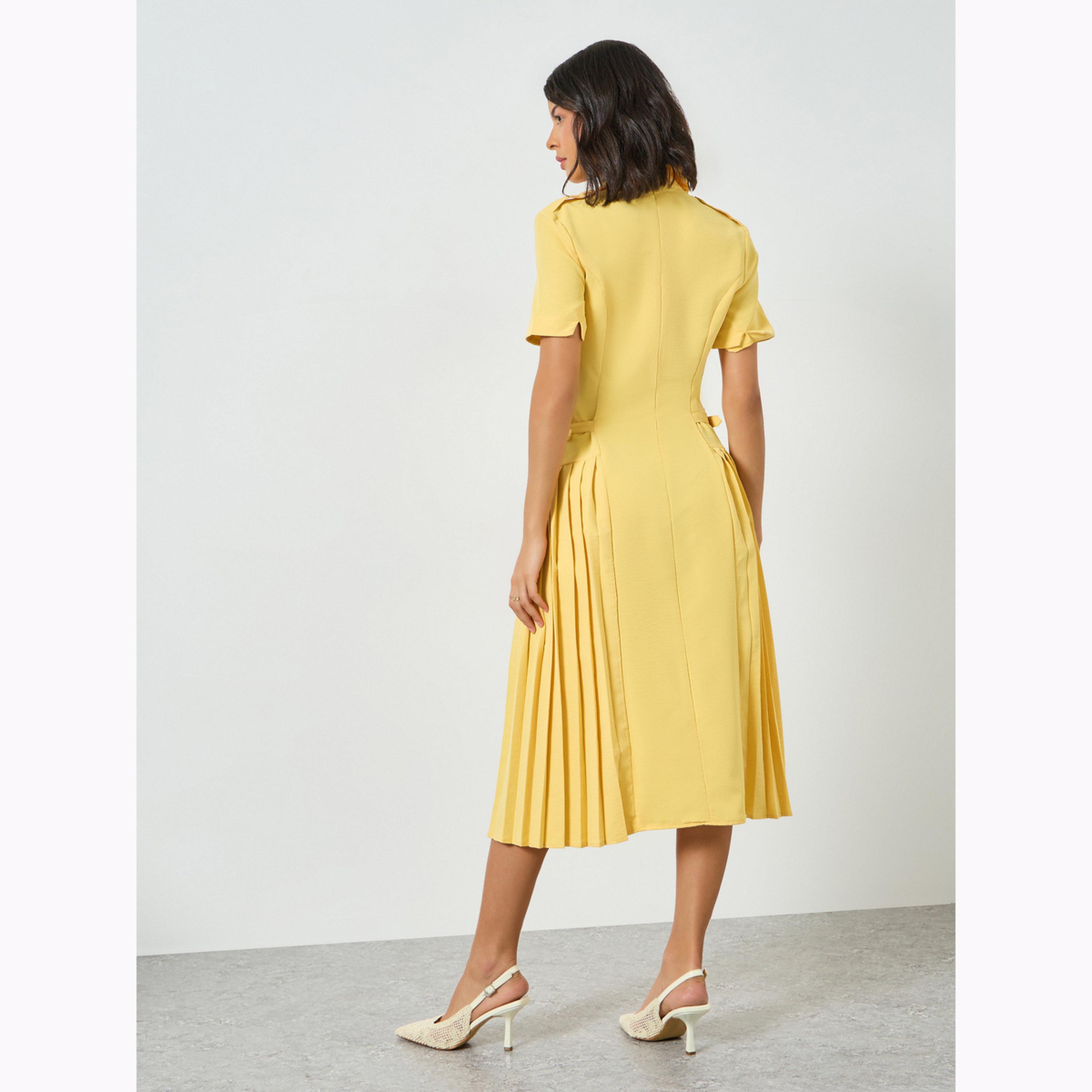 Styli Yellow Buckle Detail Fold Pleat Midi Dress-women-clothing-dresses-image-4