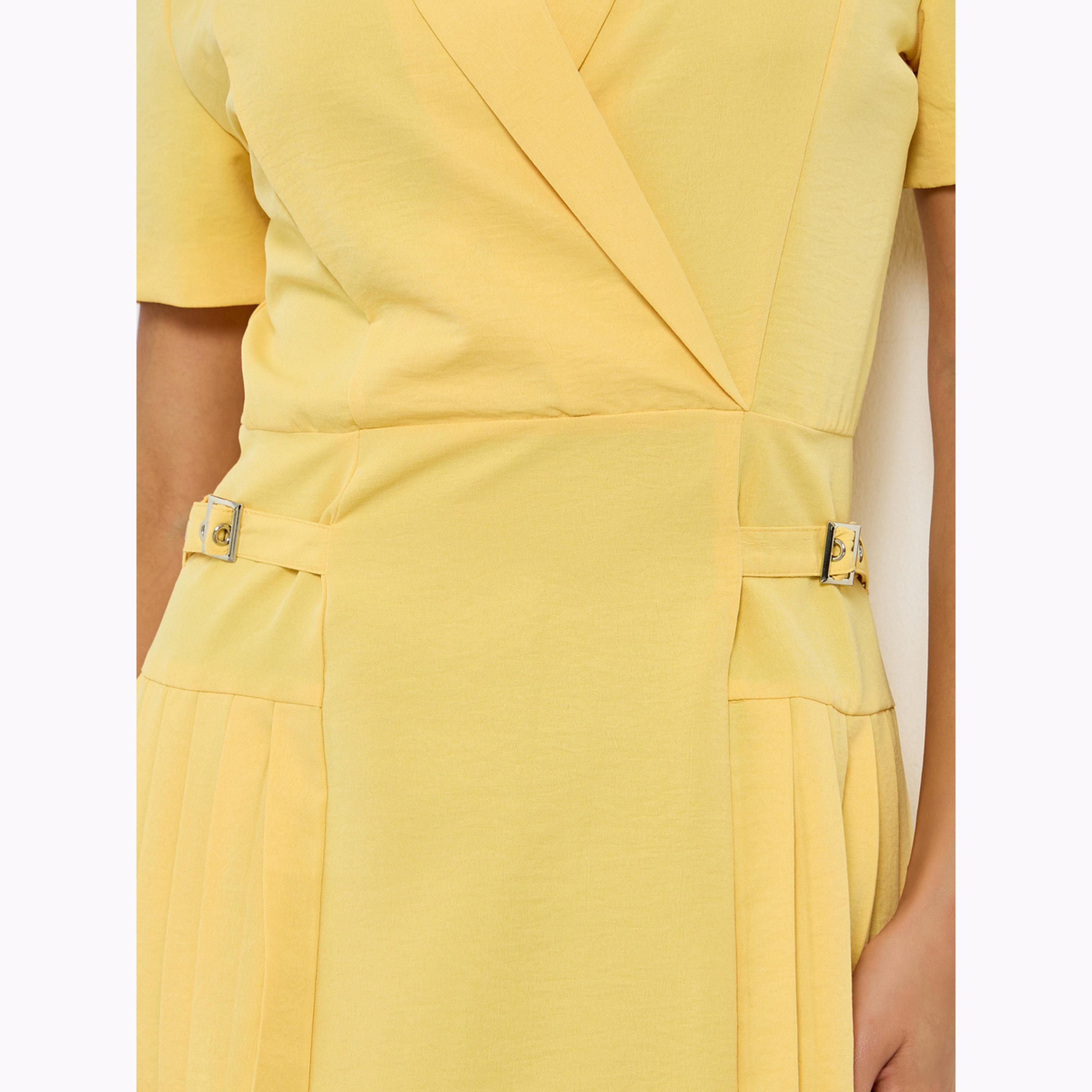 Styli Yellow Buckle Detail Fold Pleat Midi Dress-women-clothing-dresses-image-5