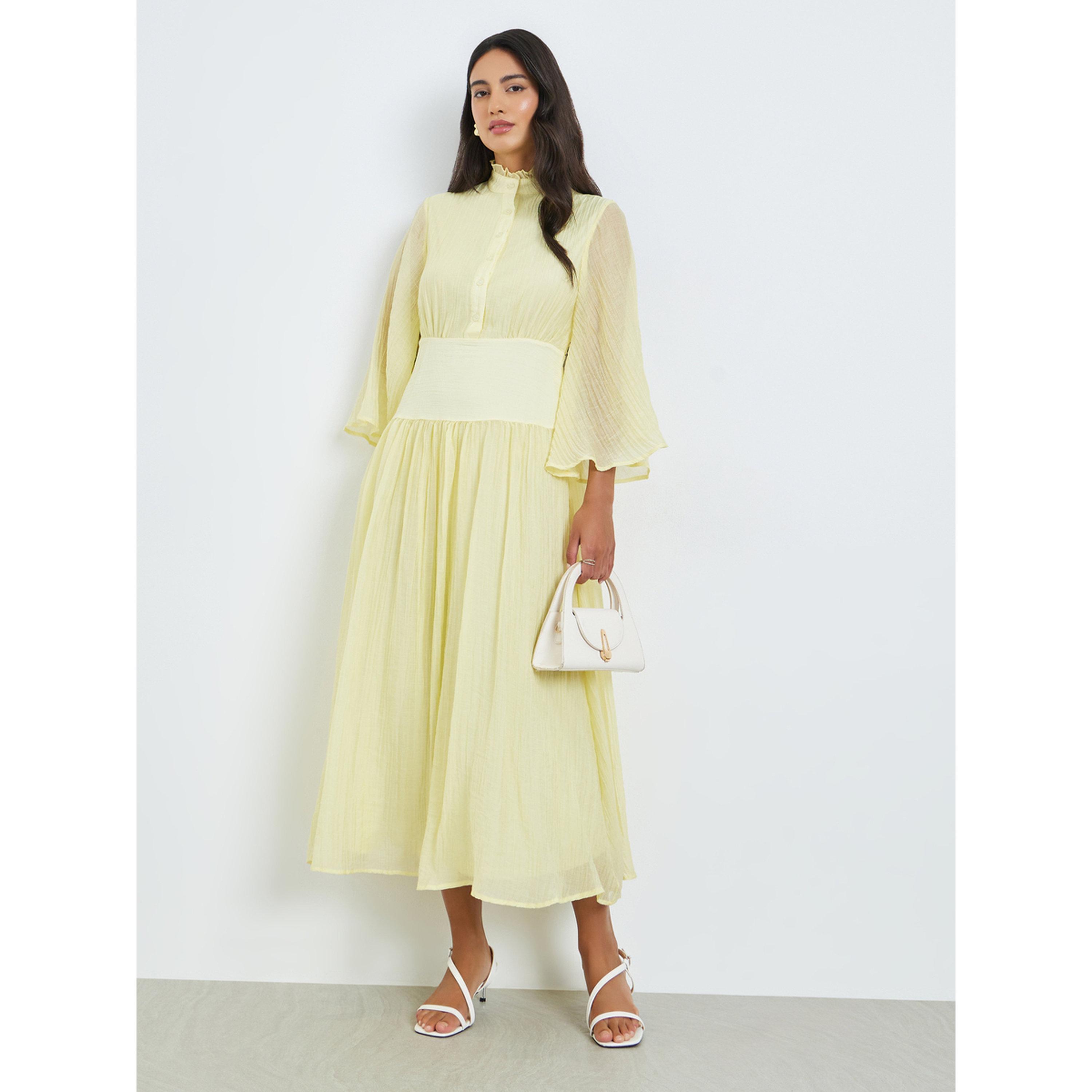 Styli Yellow Crinkle A-Line Maxi Dress-women-clothing-dresses-image-1