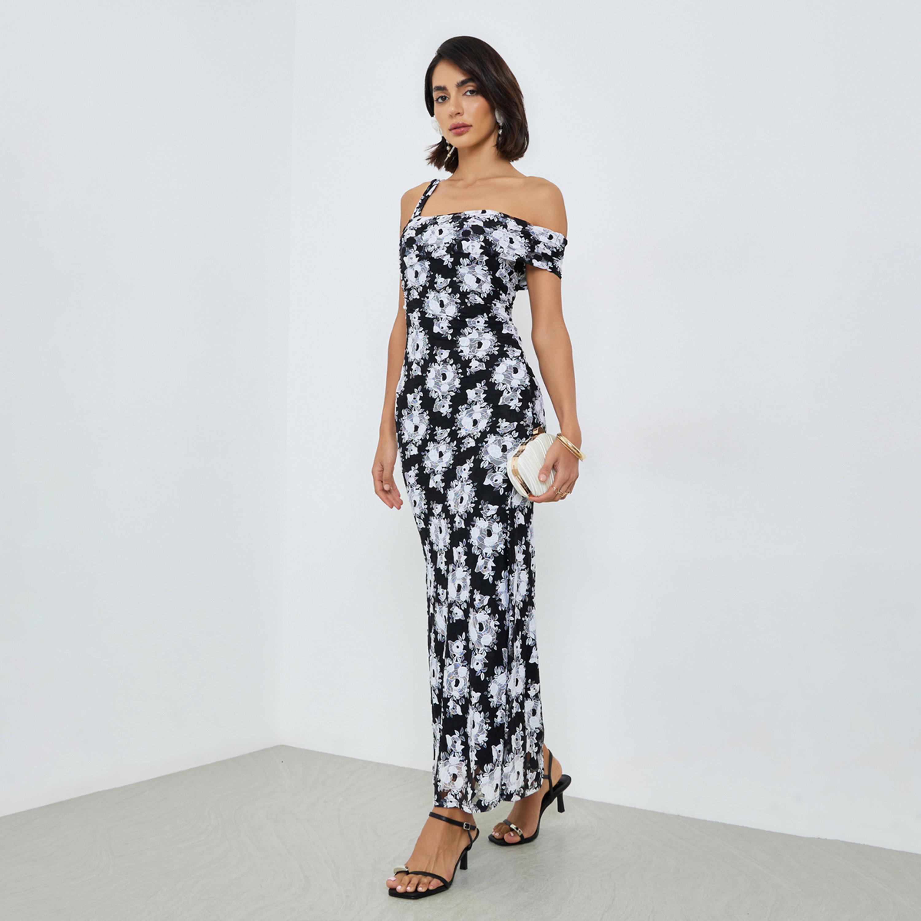 فستان طويل بكتف واحد من الدانتيل بنقشة زهور-women-clothing-dresses-image-1