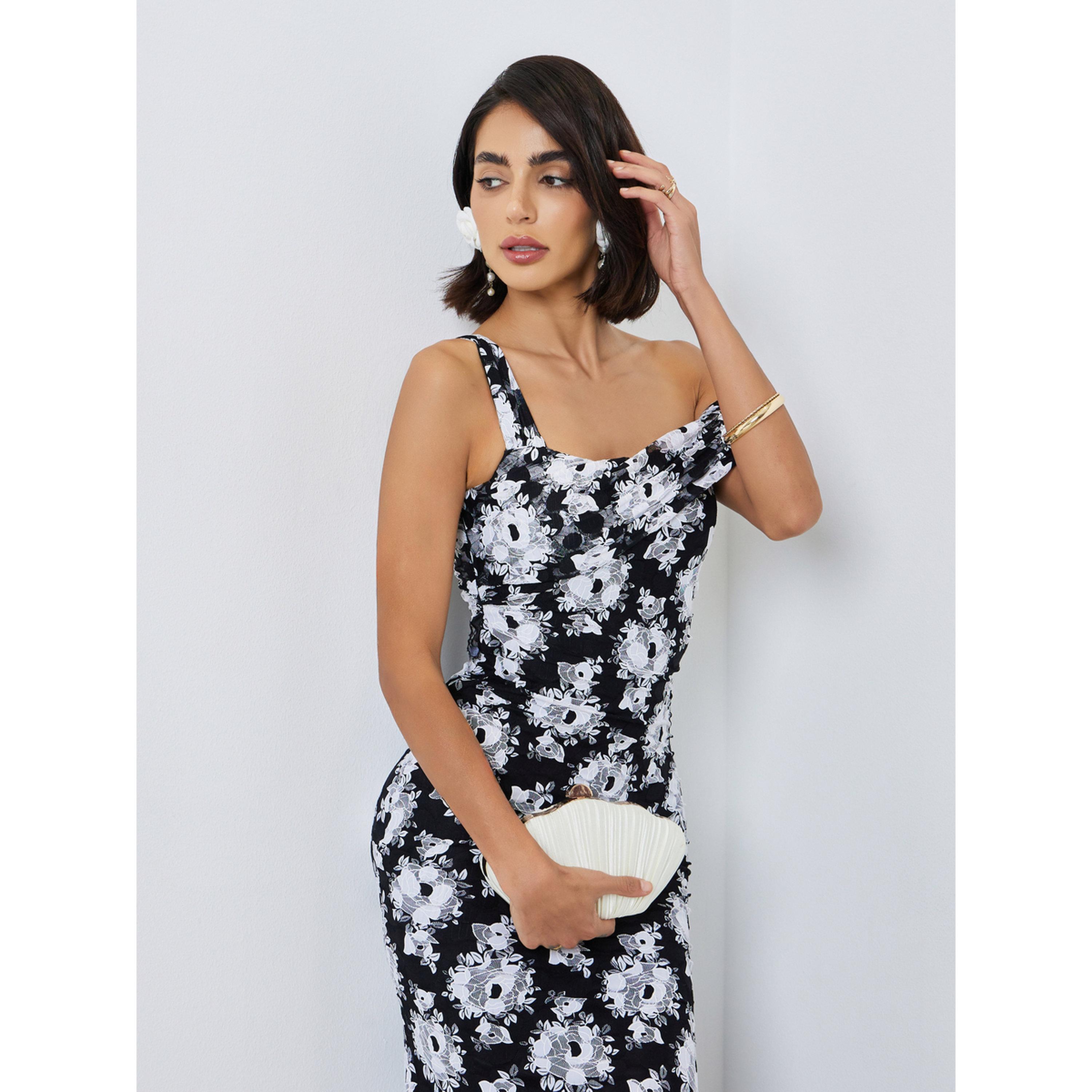 فستان طويل بكتف واحد من الدانتيل بنقشة زهور-women-clothing-dresses-image-2