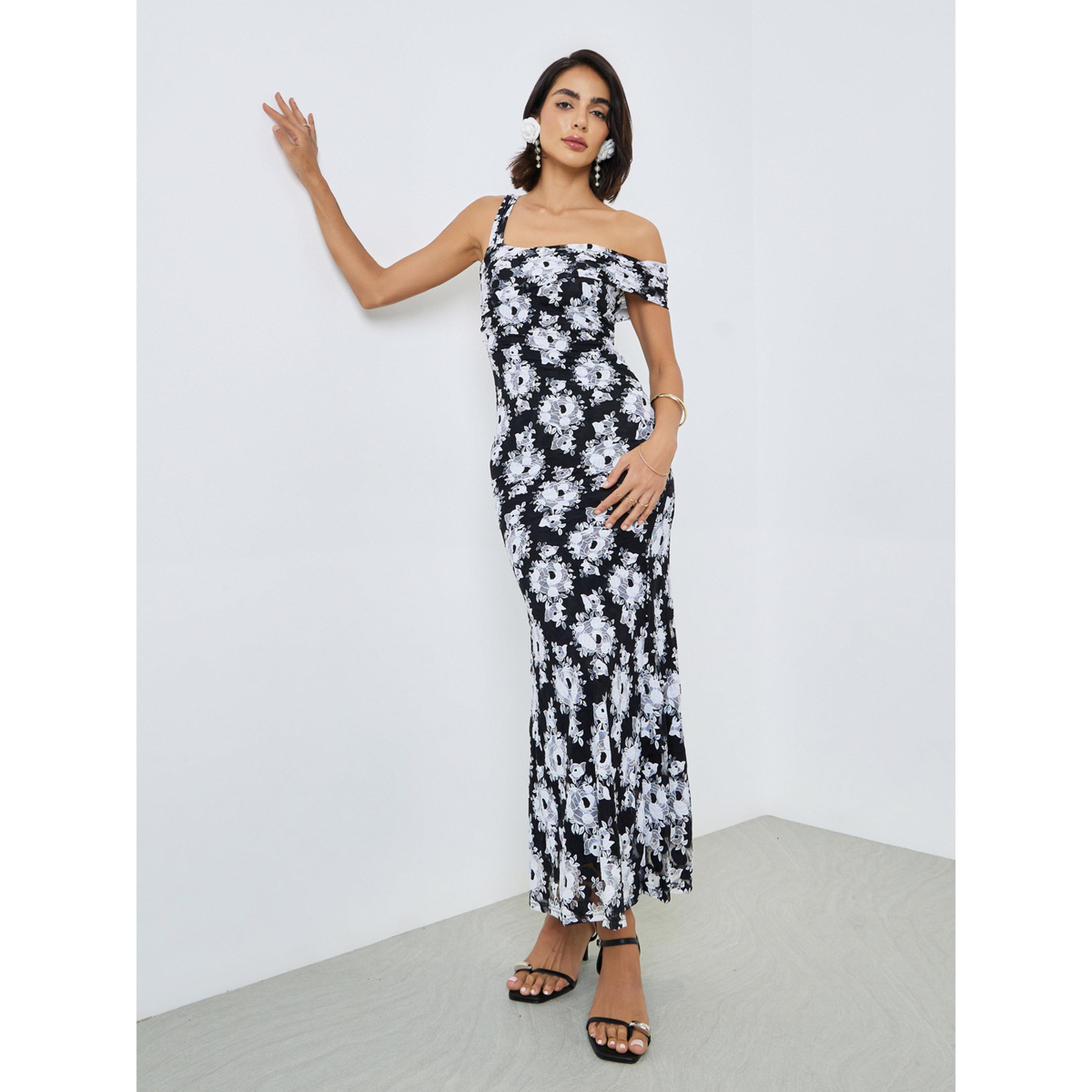 فستان طويل بكتف واحد من الدانتيل بنقشة زهور-women-clothing-dresses-image-3