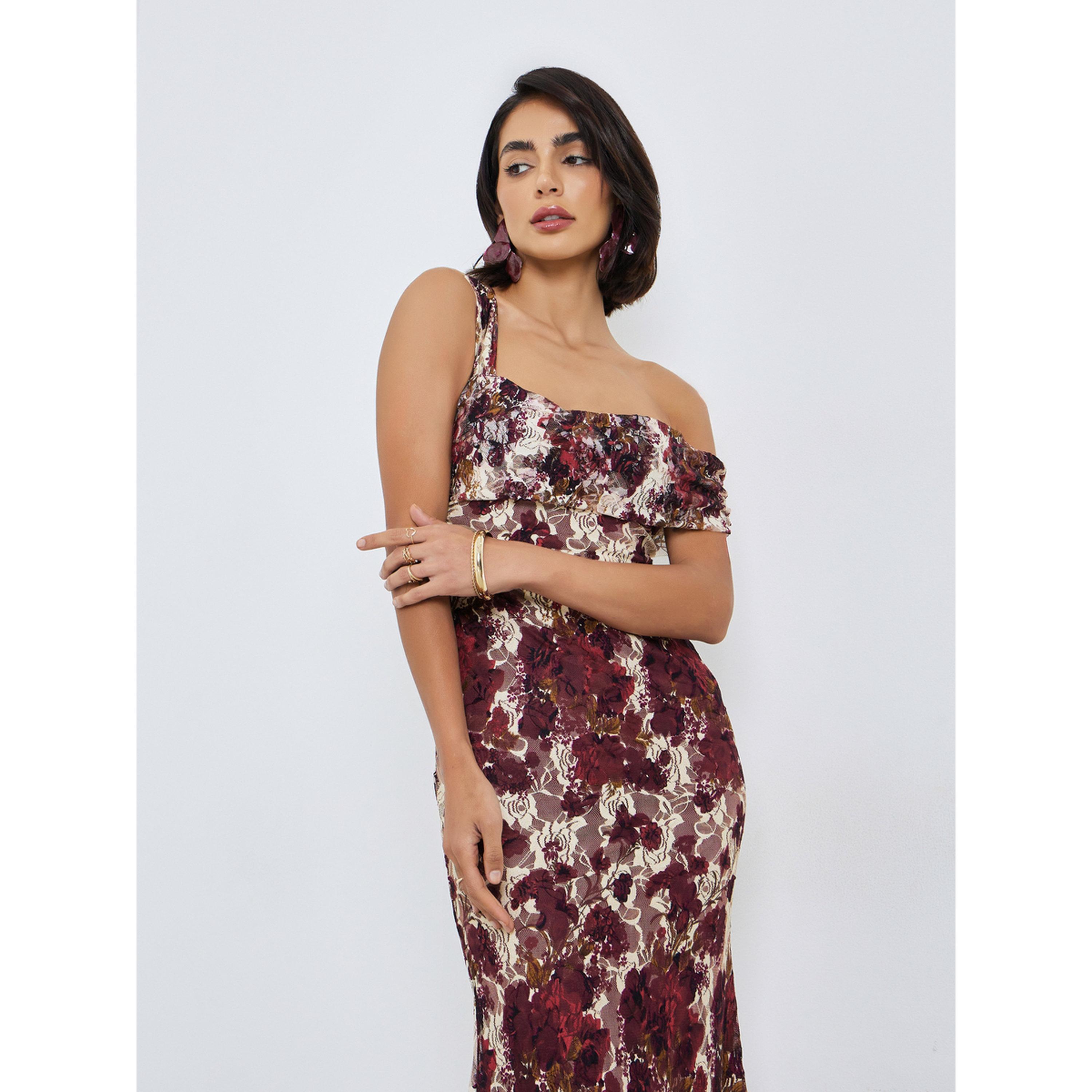 فستان طويل بكتف واحد من الدانتيل بنقشة زهور-women-clothing-dresses-image-2