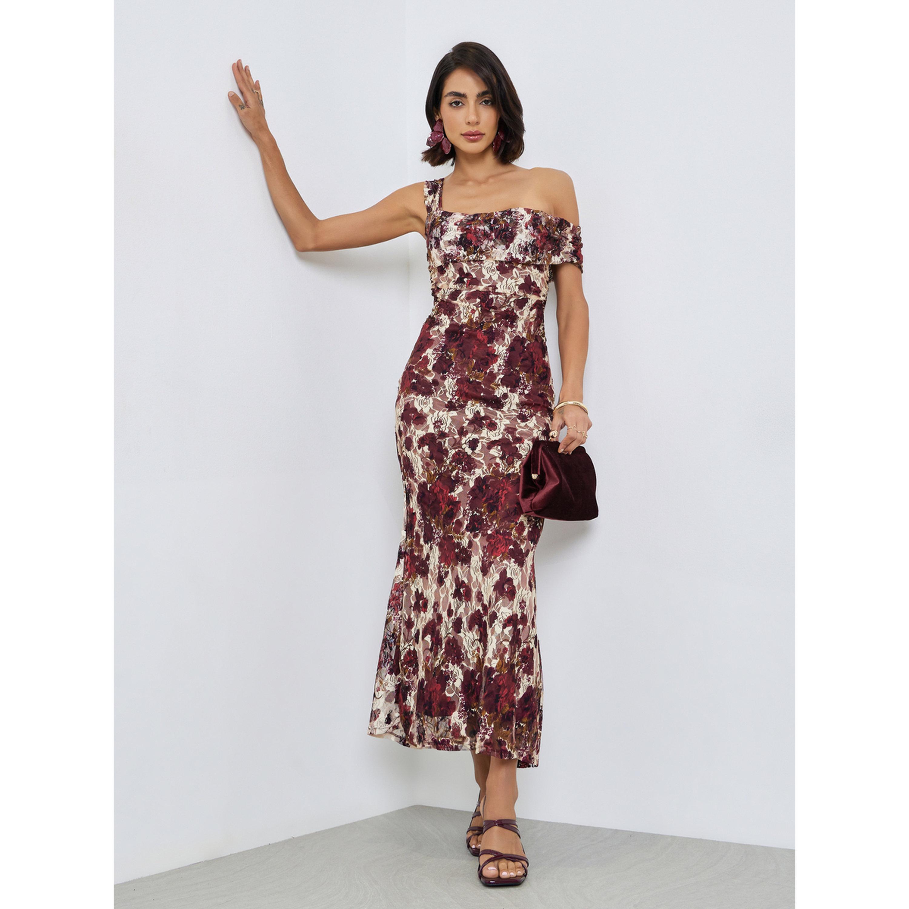 فستان طويل بكتف واحد من الدانتيل بنقشة زهور-women-clothing-dresses-image-3