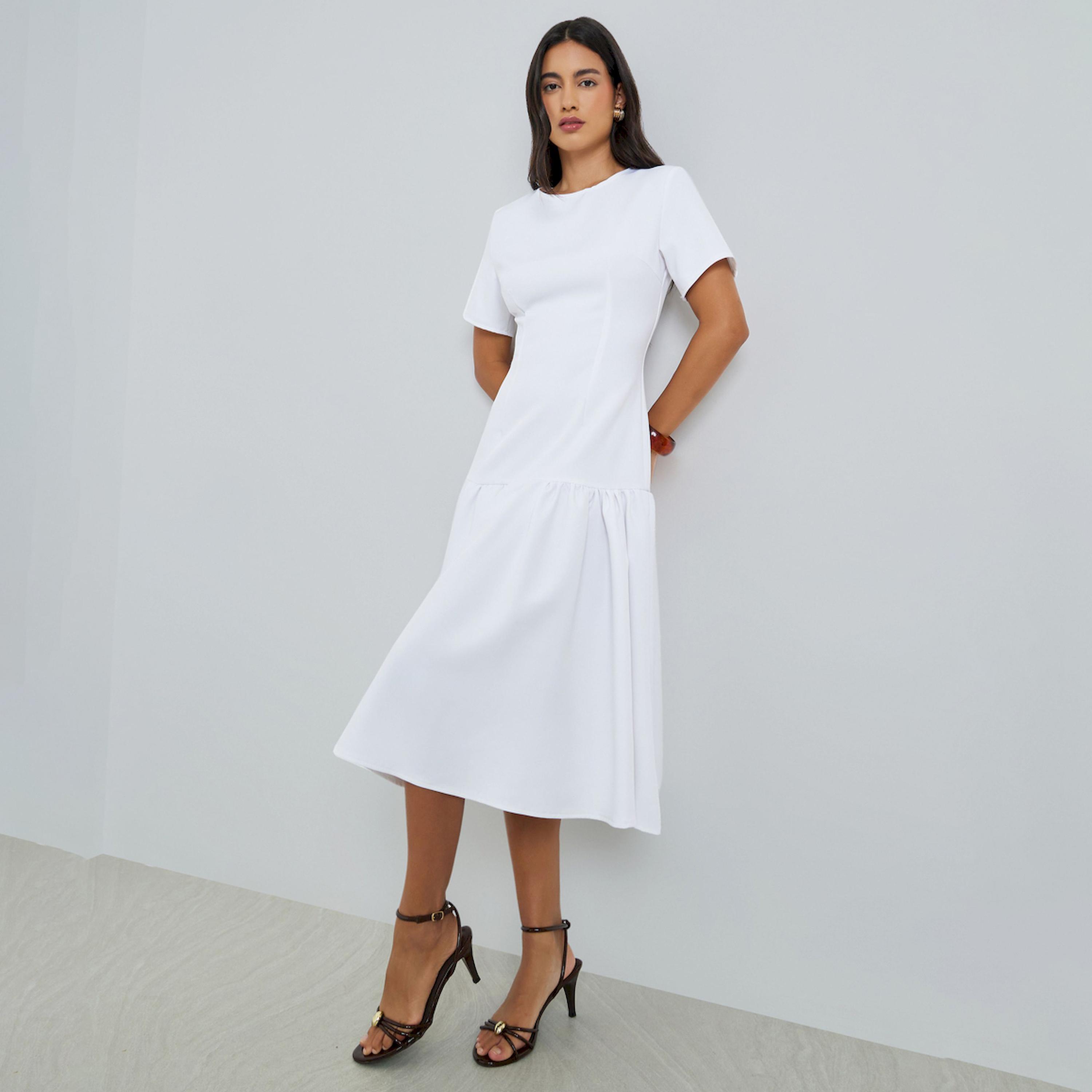 Styli Off-White Short Sleeves Mermaid Hem Midi Dress-women-clothing-dresses-image-1