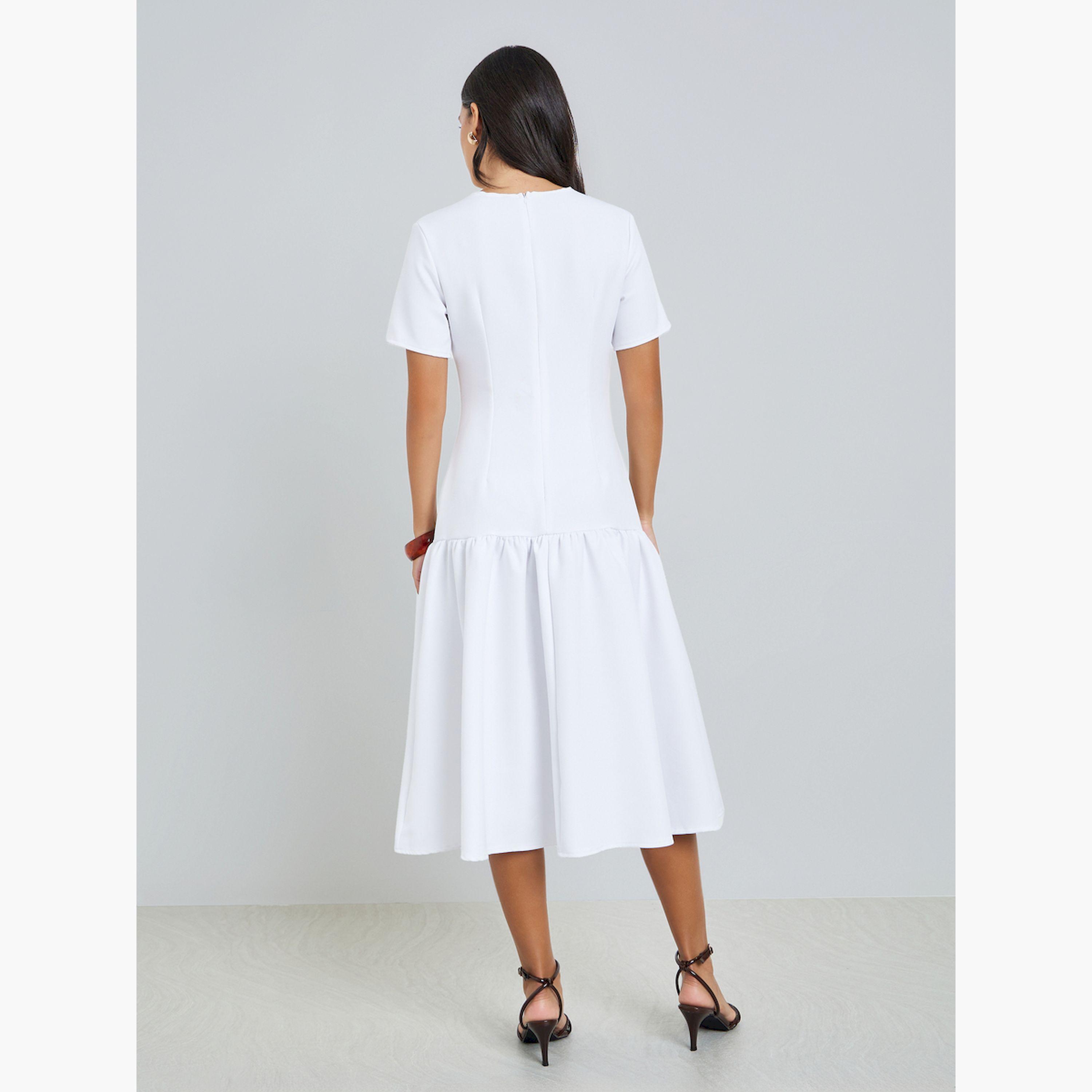 Styli Off-White Short Sleeves Mermaid Hem Midi Dress-women-clothing-dresses-image-5