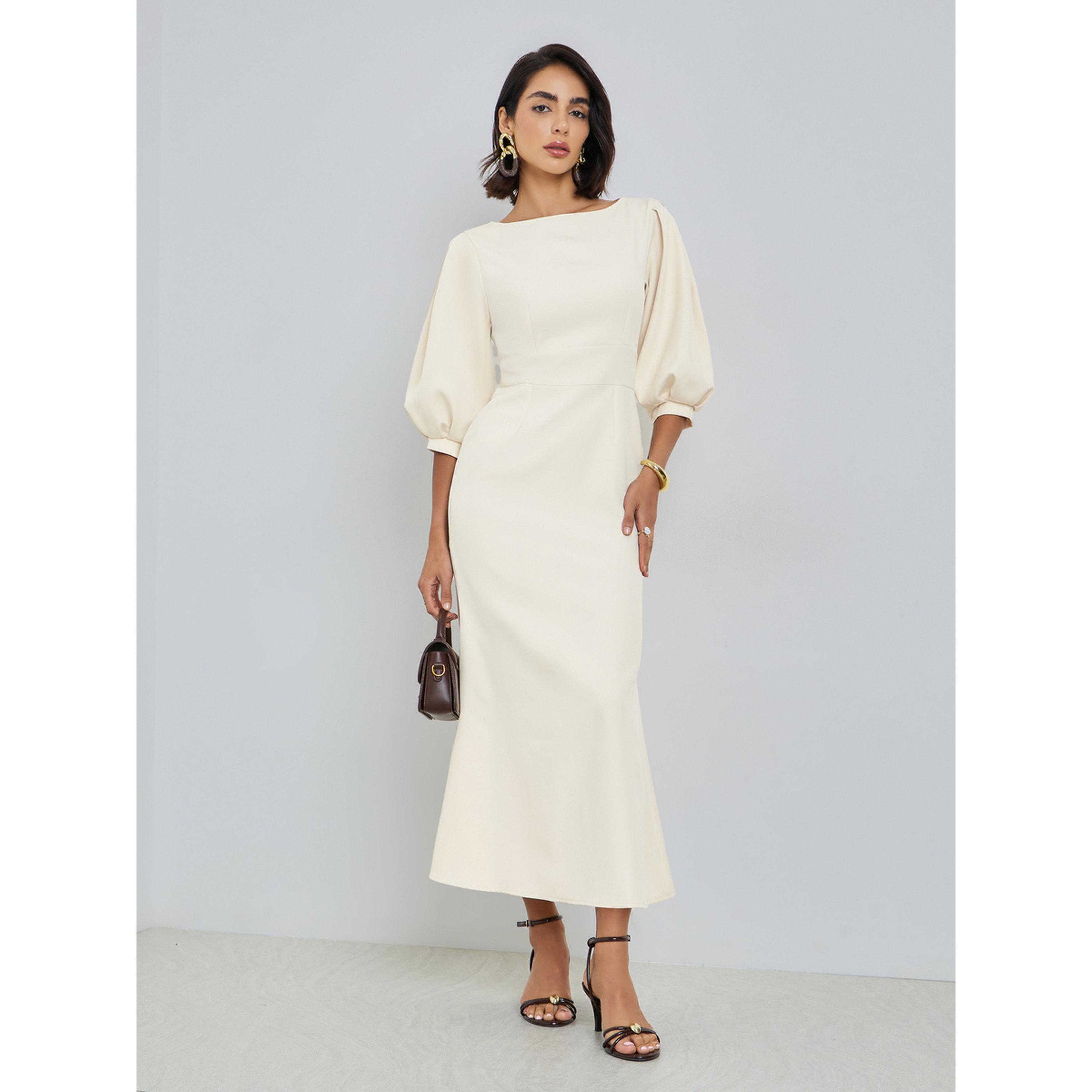 Styli Off-White 3/4 Sleeve Sheath Maxi Dress-women-clothing-dresses-image-1