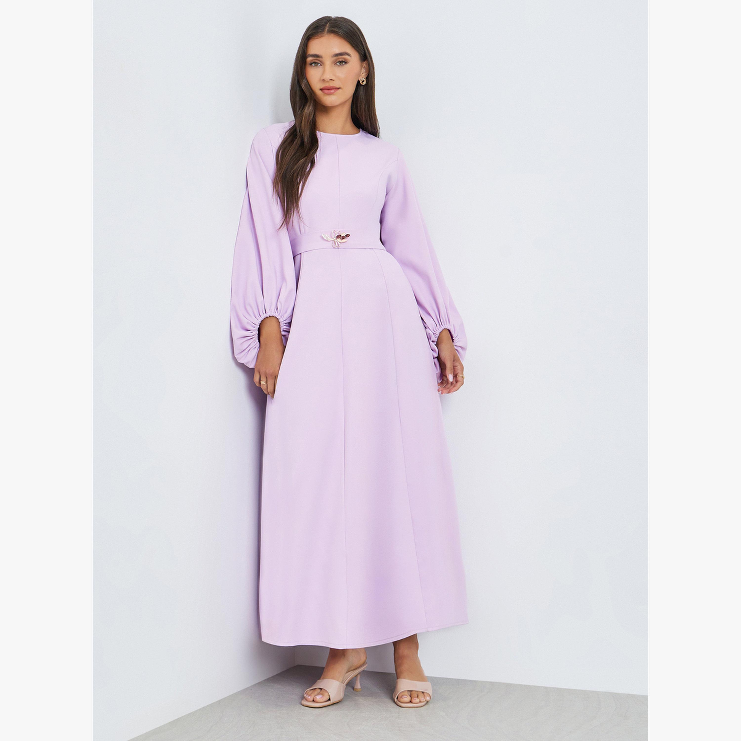 فستان طويل بحافة واسعة وأكمام بالون-women-clothing-dresses-image-1