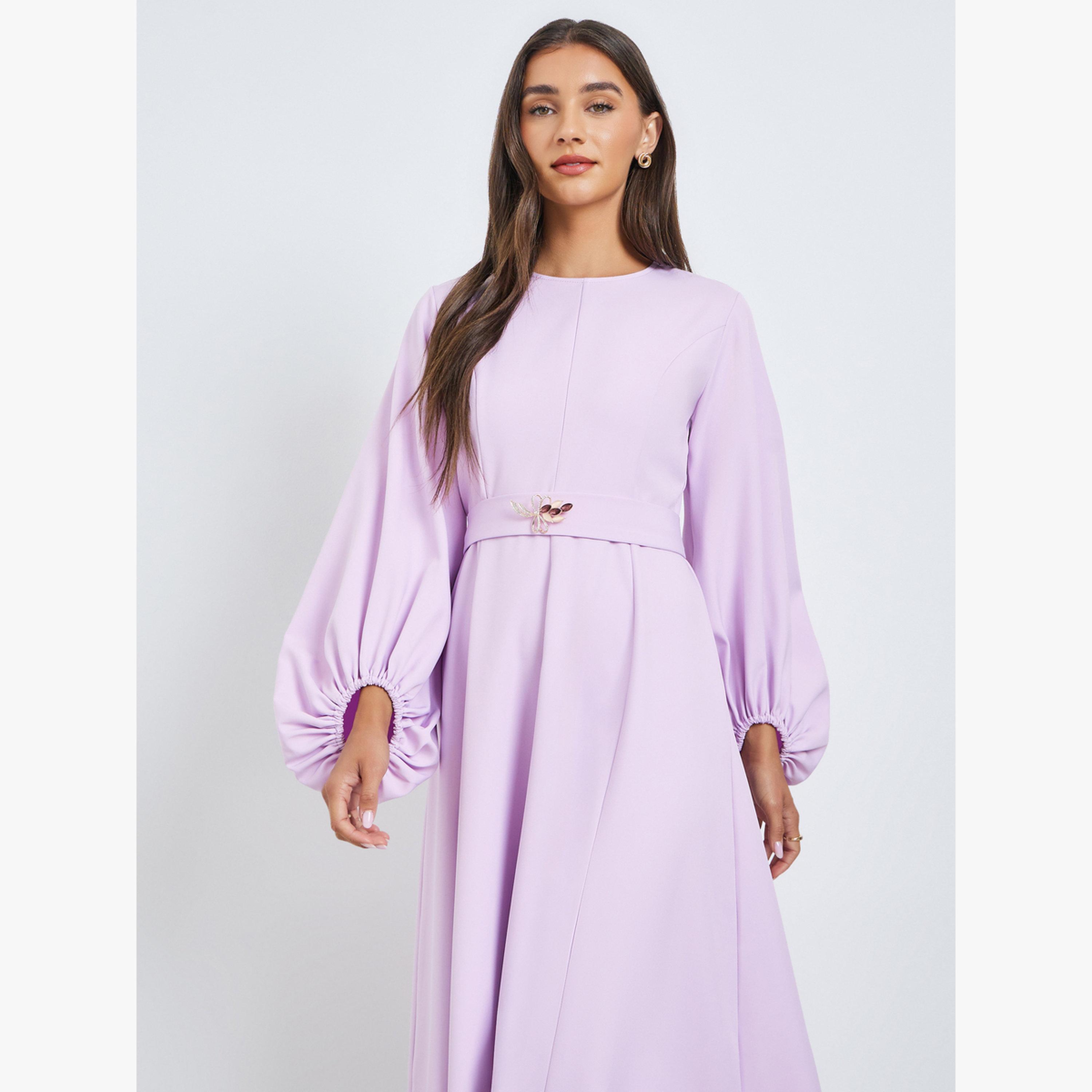 فستان طويل بحافة واسعة وأكمام بالون-women-clothing-dresses-image-2