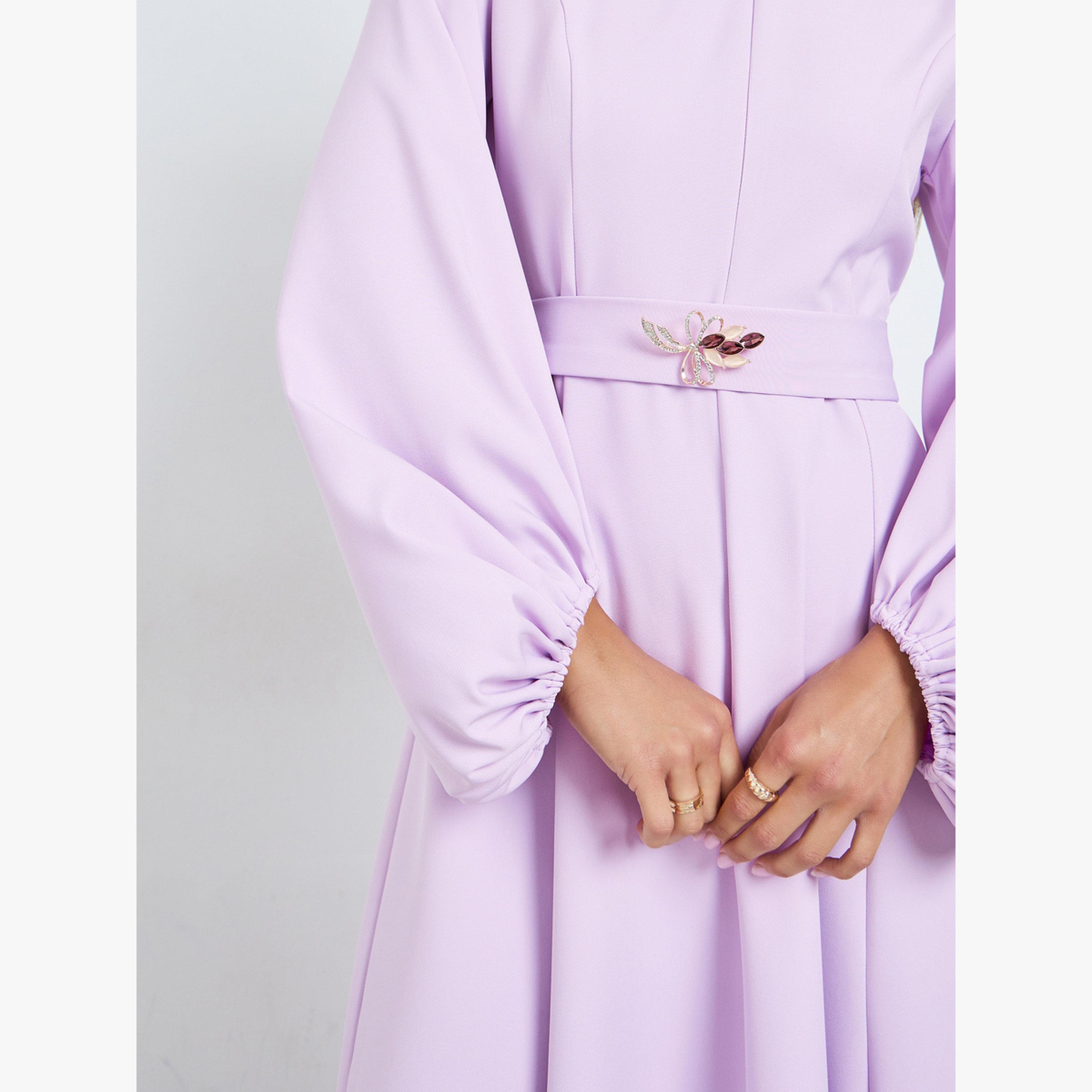 فستان طويل بحافة واسعة وأكمام بالون-women-clothing-dresses-image-4