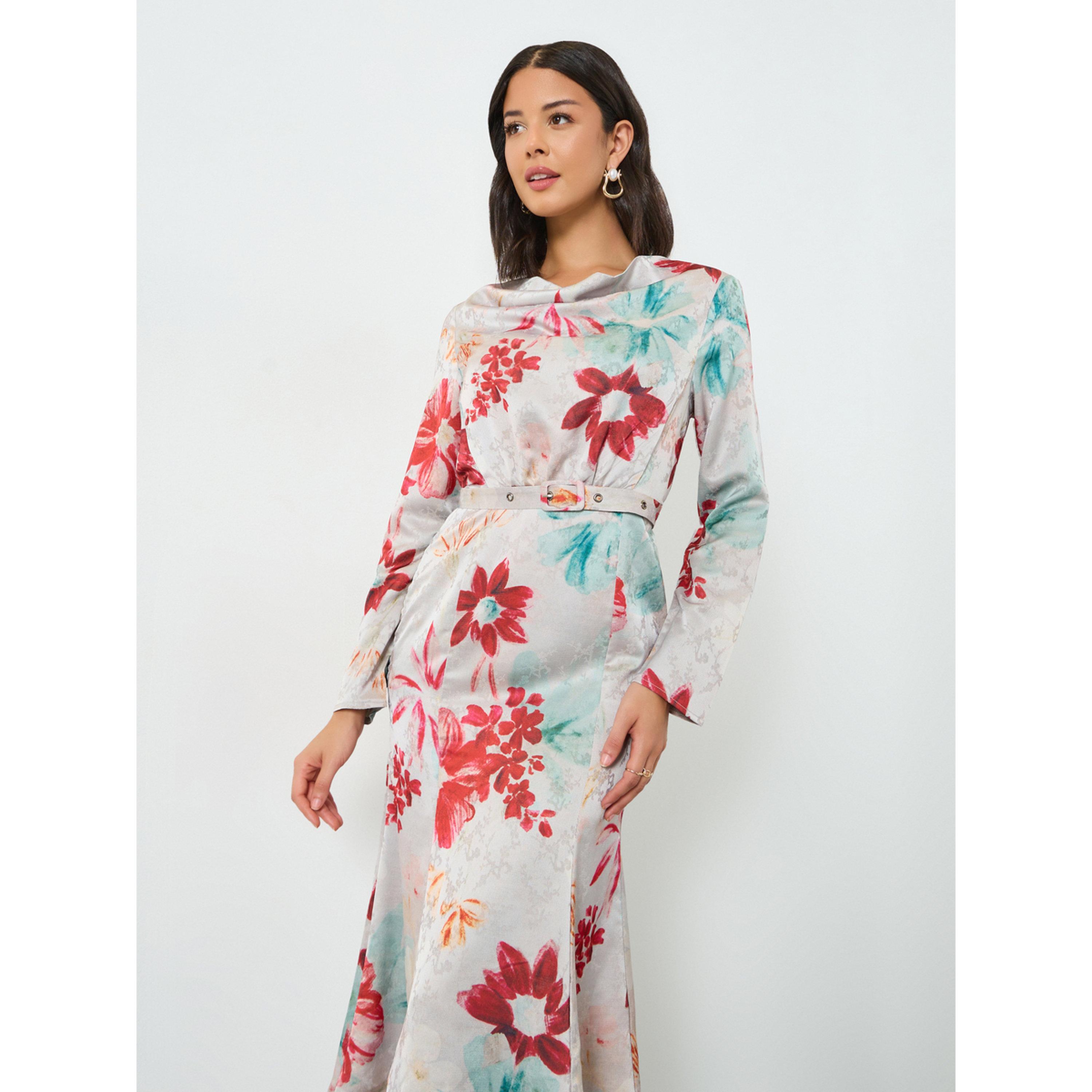 Styli Floral Print Midi Dress with Belt-women-clothing-dresses-image-2