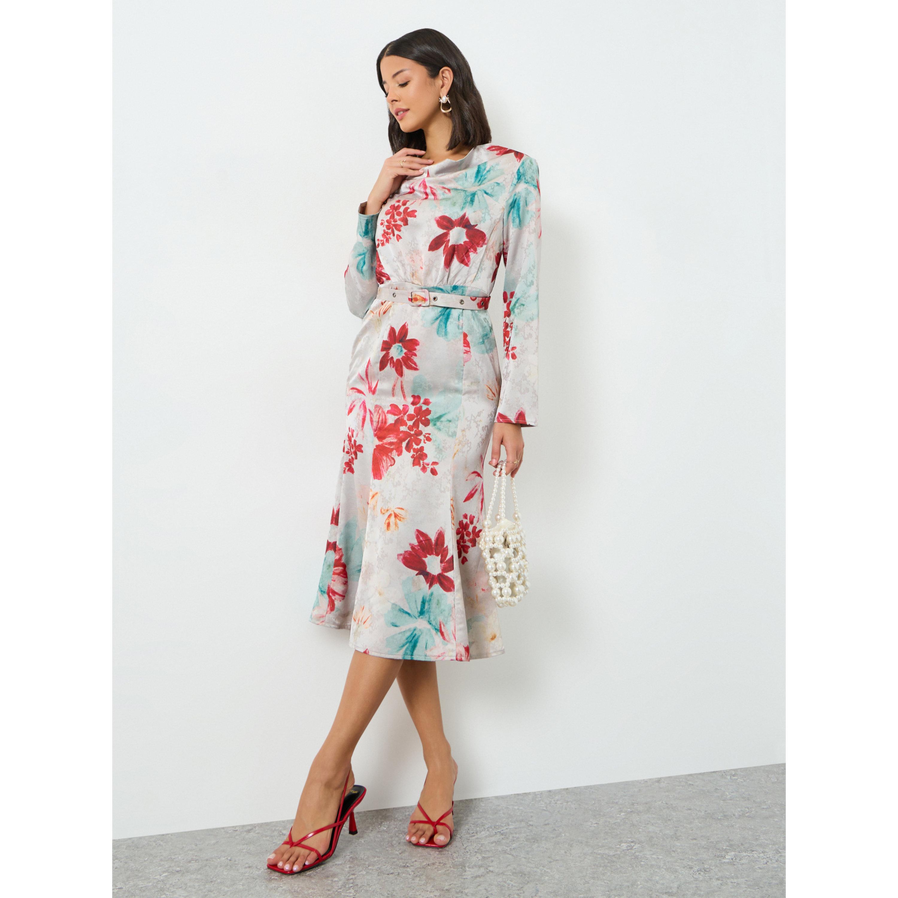 فستان ميدي بطبعة زهور وحزام خصر-women-clothing-dresses-image-3