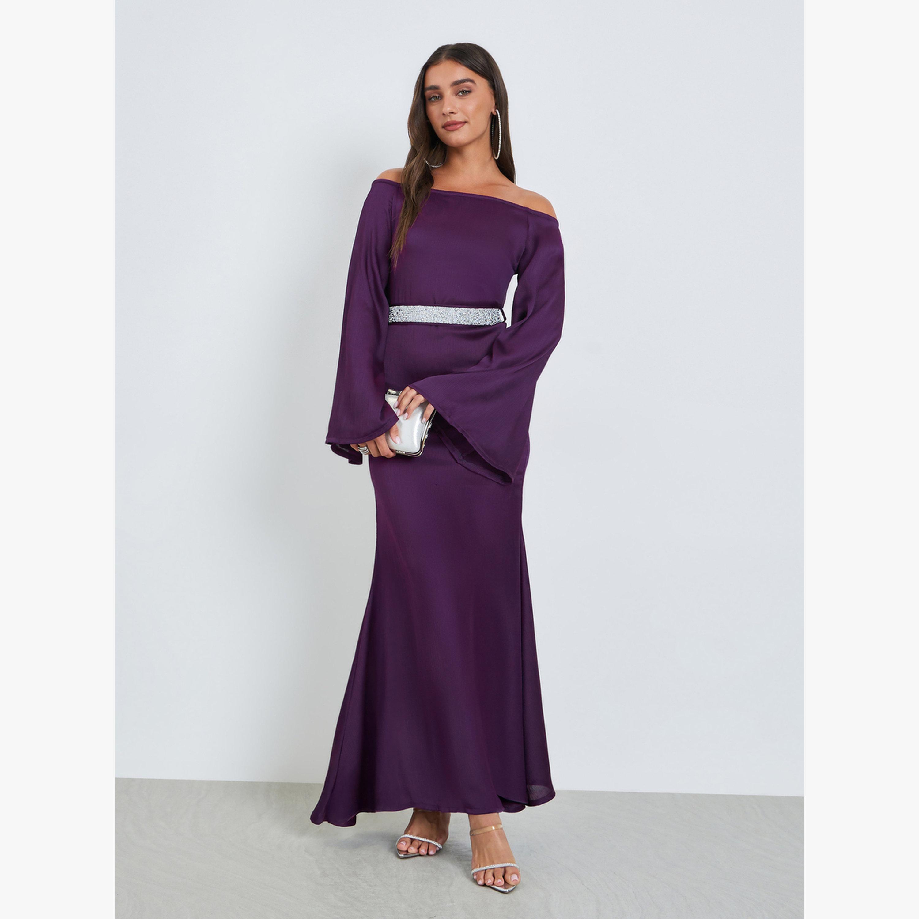 فستان طويل بأكتاف مكشوفة مع حزام ربط-women-clothing-dresses-image-1