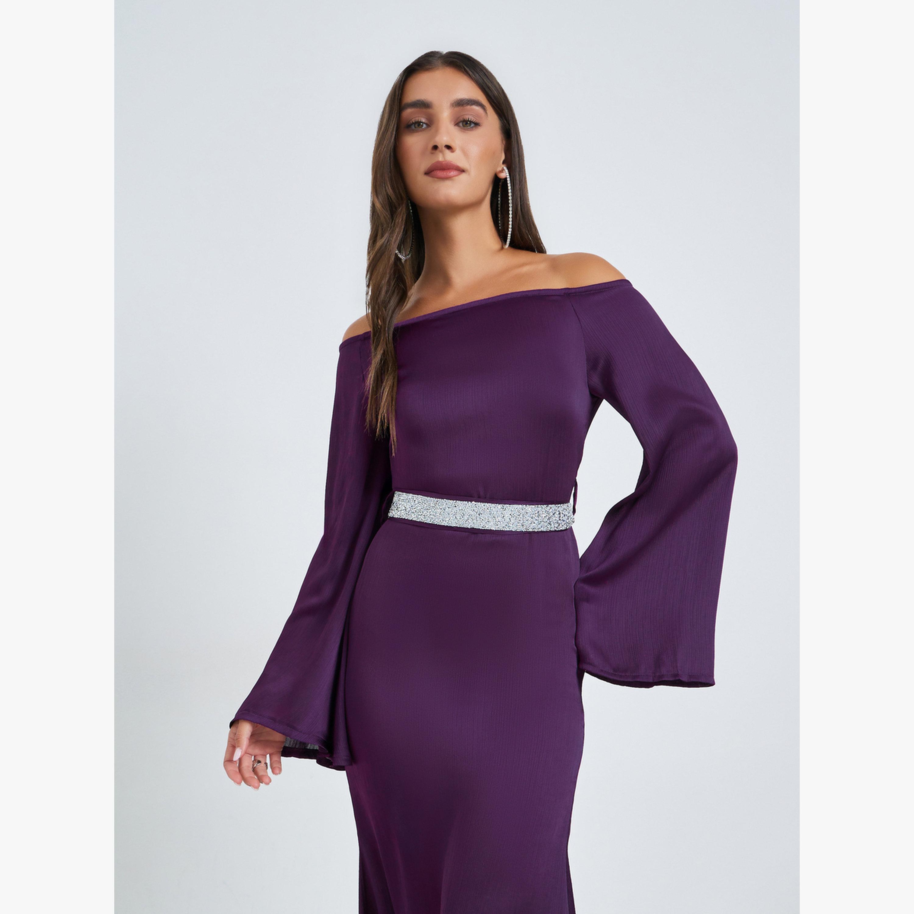 Styli Purple Off Shoulder Maxi Dress with Tie Up Belt-women-clothing-dresses-image-2