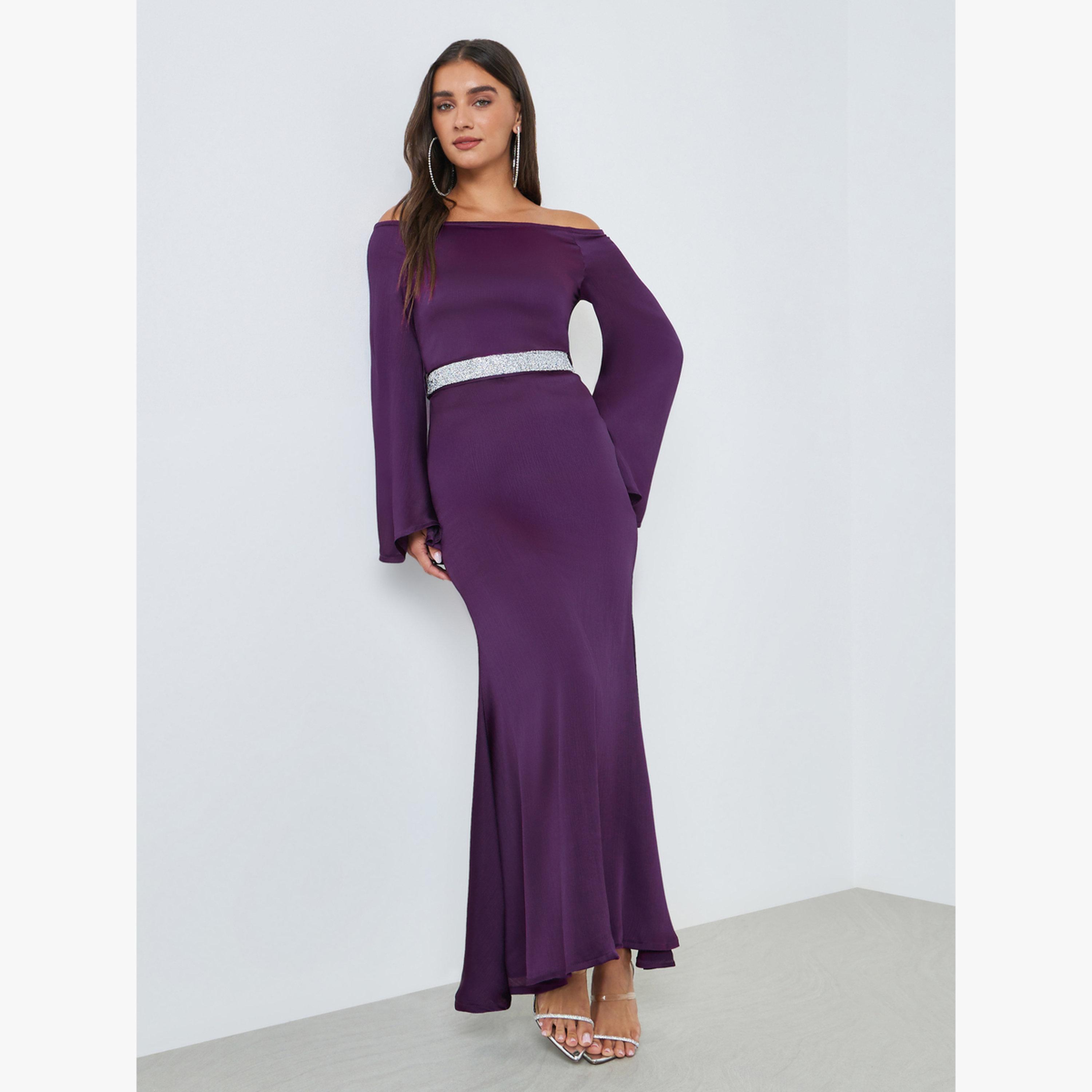 فستان طويل بأكتاف مكشوفة مع حزام ربط-women-clothing-dresses-image-3
