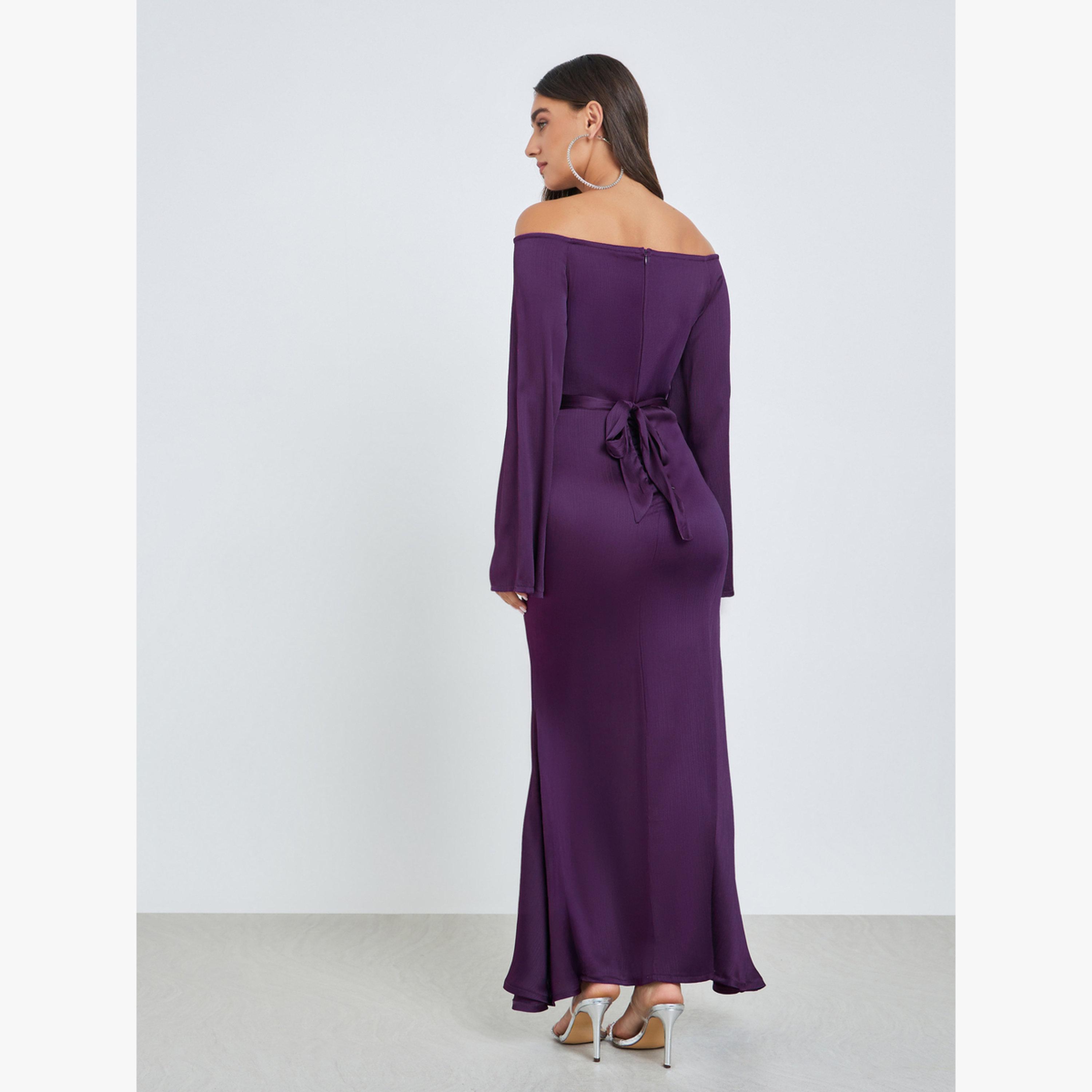 Styli Purple Off Shoulder Maxi Dress with Tie Up Belt-women-clothing-dresses-image-4