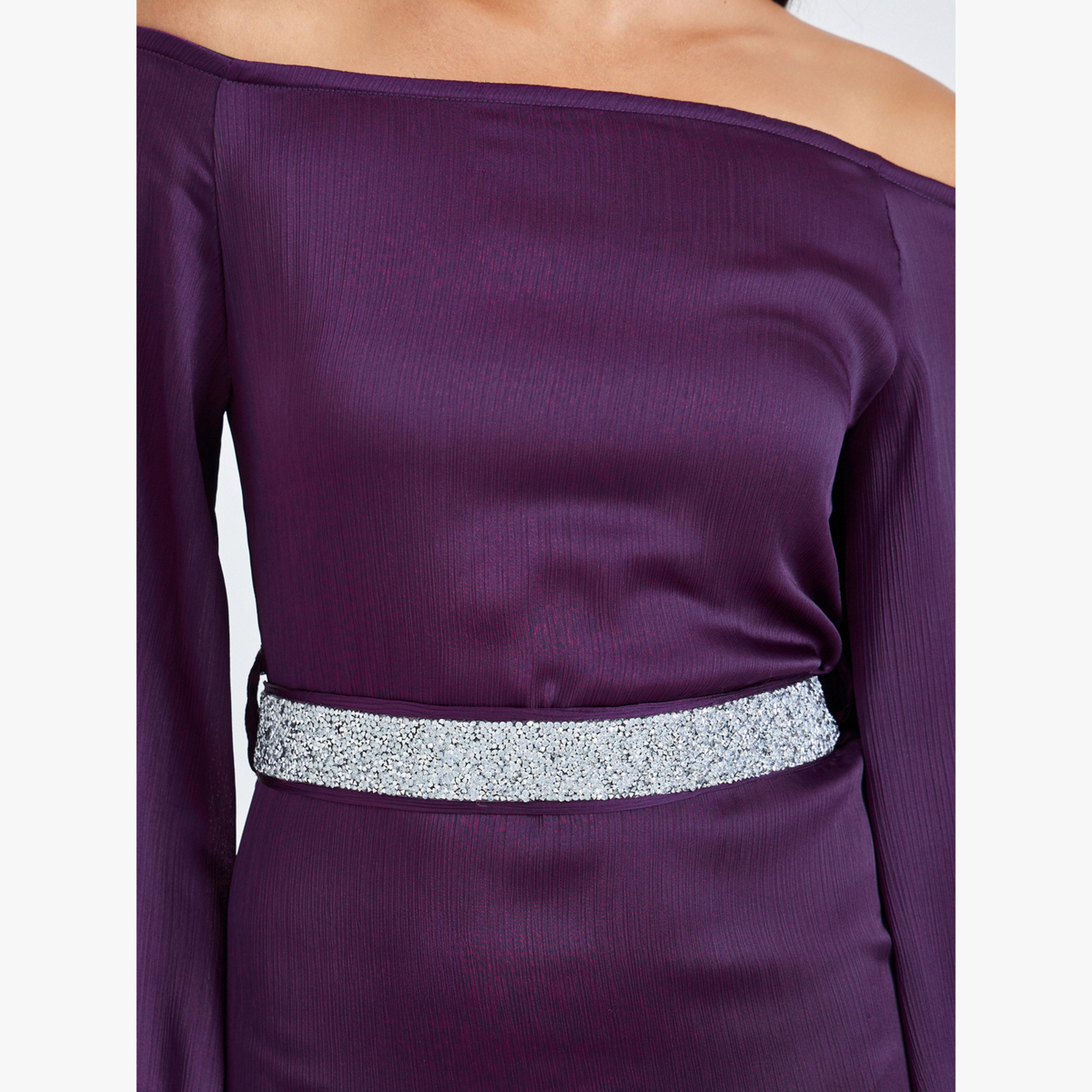 Styli Purple Off Shoulder Maxi Dress with Tie Up Belt-women-clothing-dresses-image-5