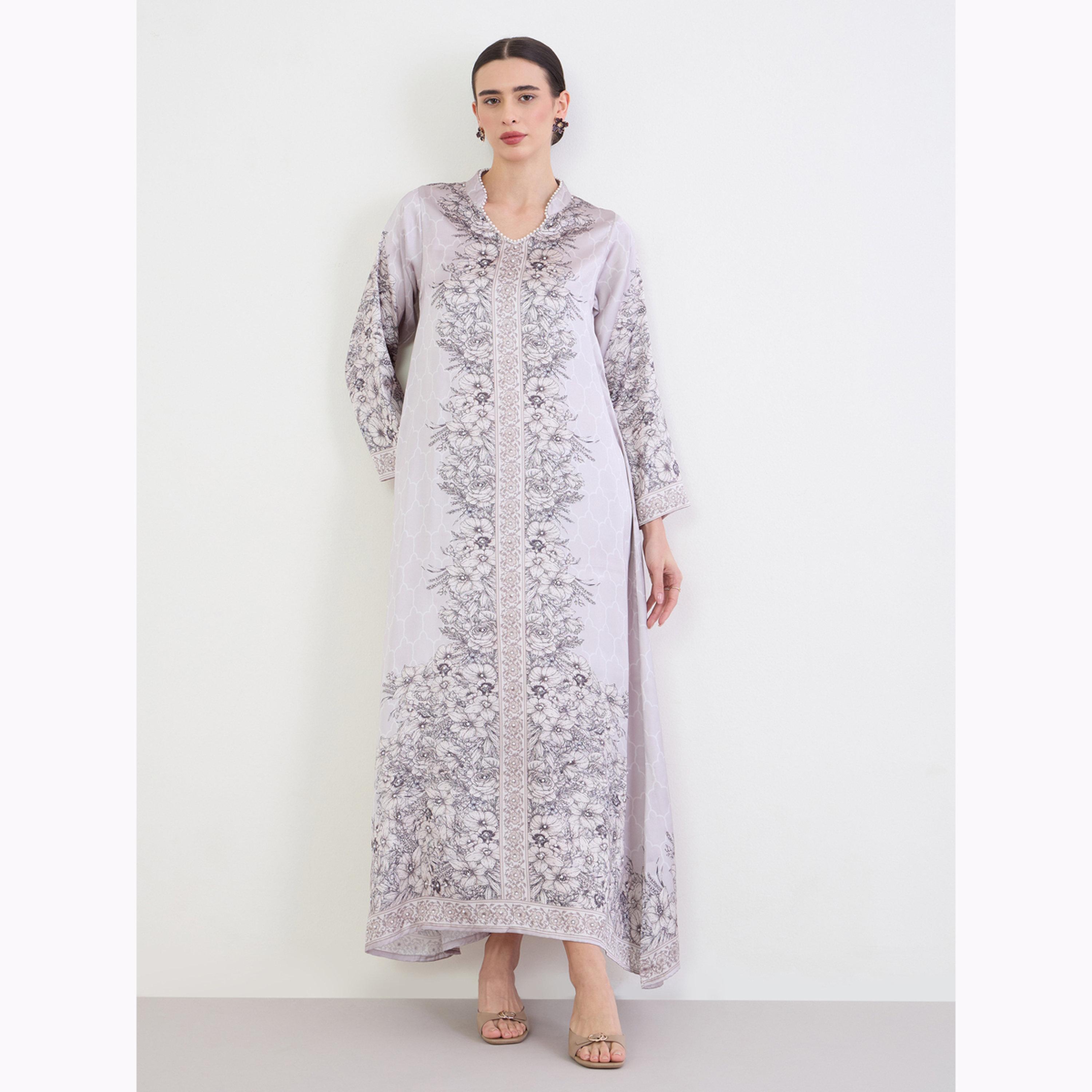 Amirah X Styli Grey Placement Print A-Line Jalabiya-women-arabicclothing-jalabiyas-image-1