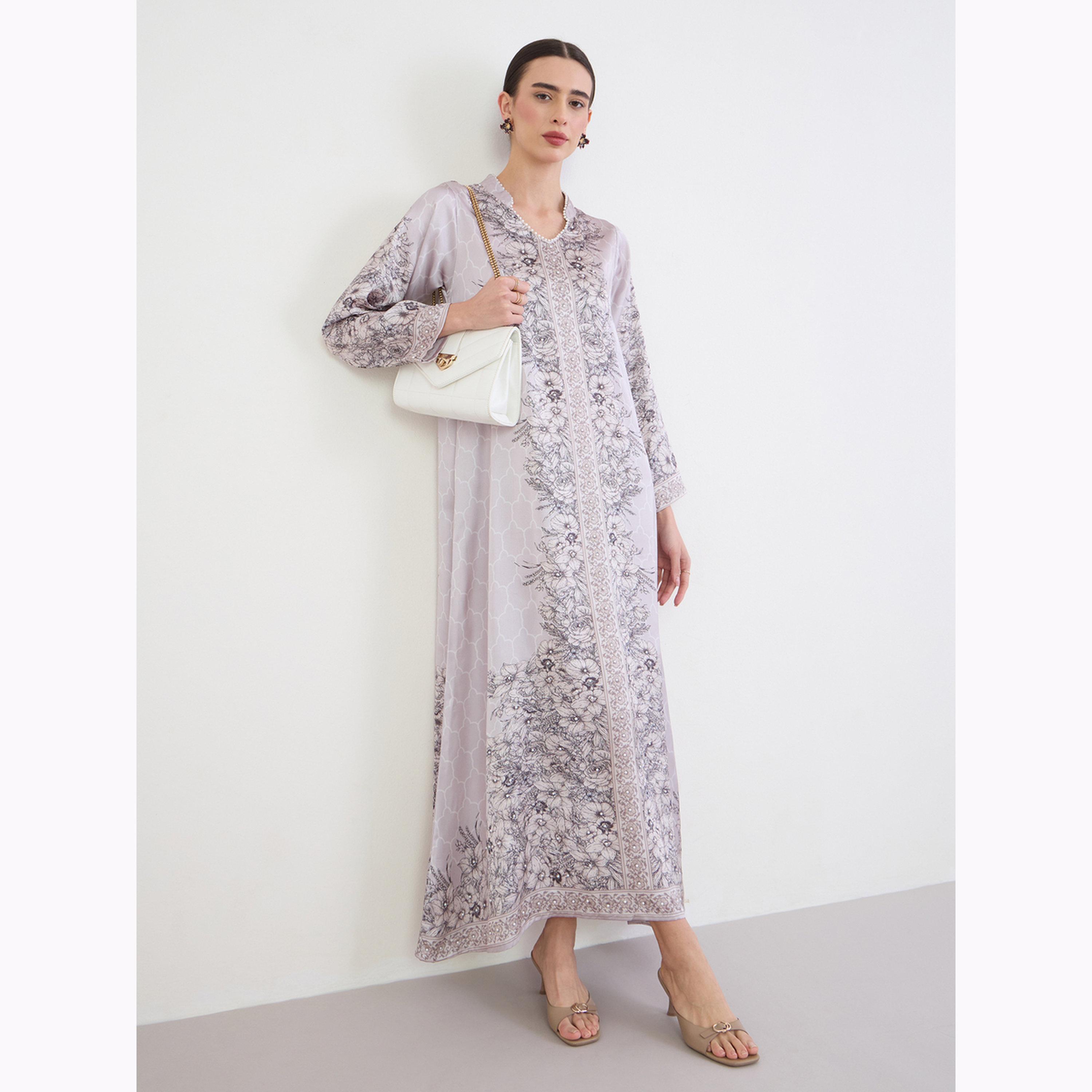 Amirah X Styli Grey Placement Print A-Line Jalabiya-women-arabicclothing-jalabiyas-image-3