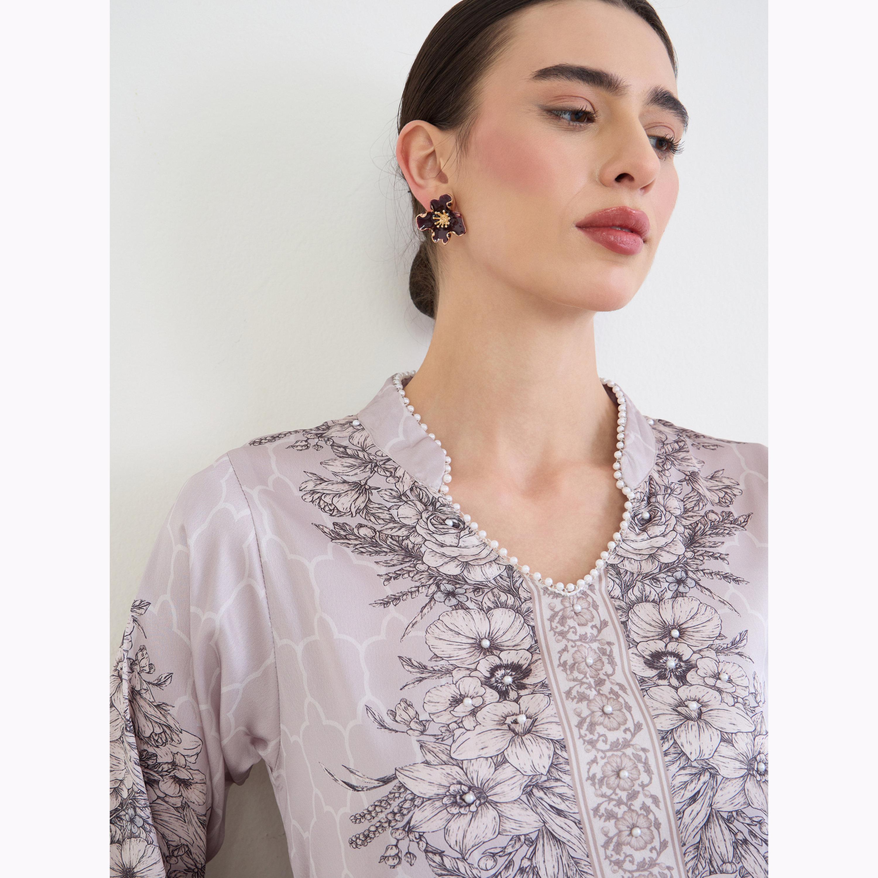 Amirah X Styli Grey Placement Print A-Line Jalabiya-women-arabicclothing-jalabiyas-image-5